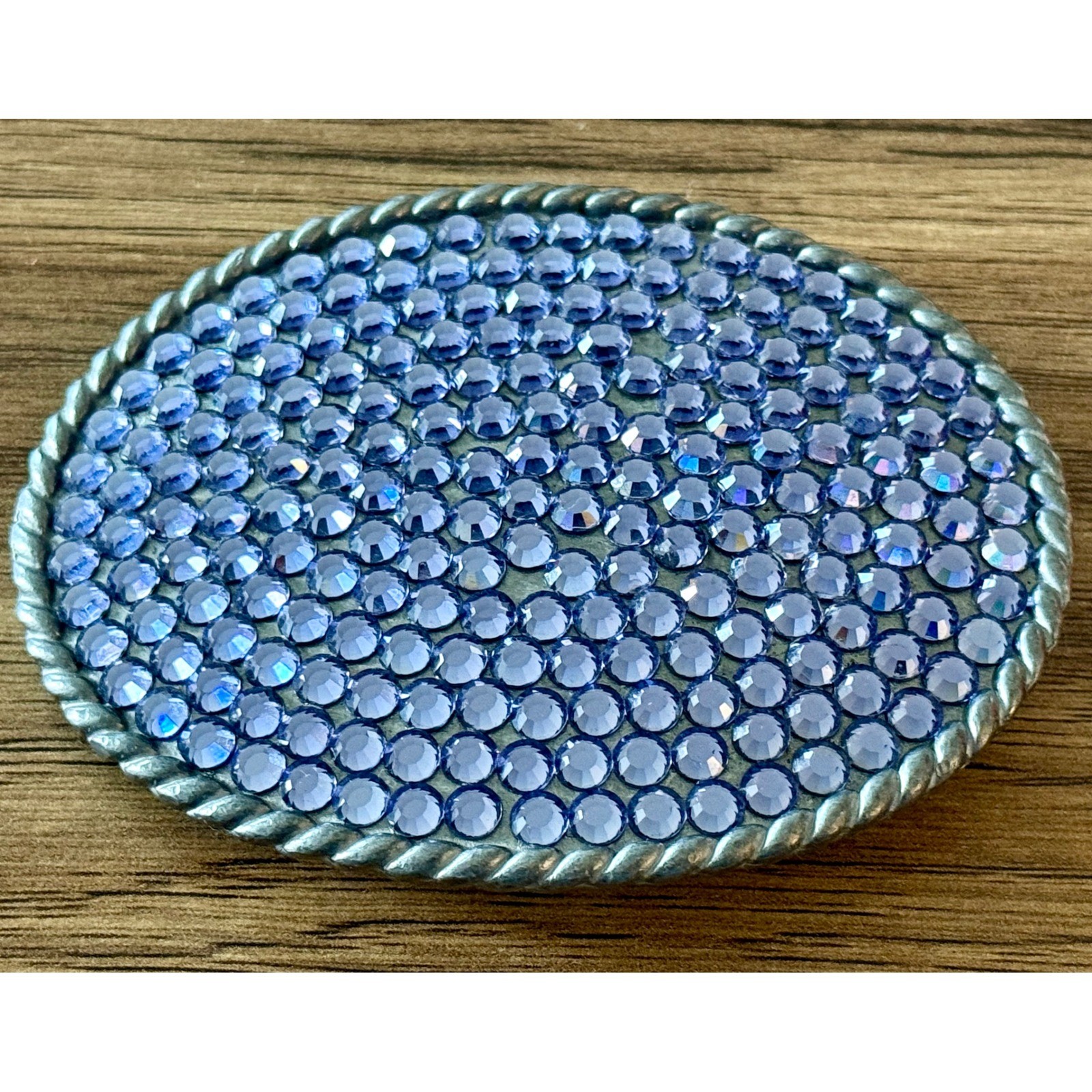 Vintage Blue Purple Rhinestone Belt Buckle Signed Unknown Maker Made USA Western