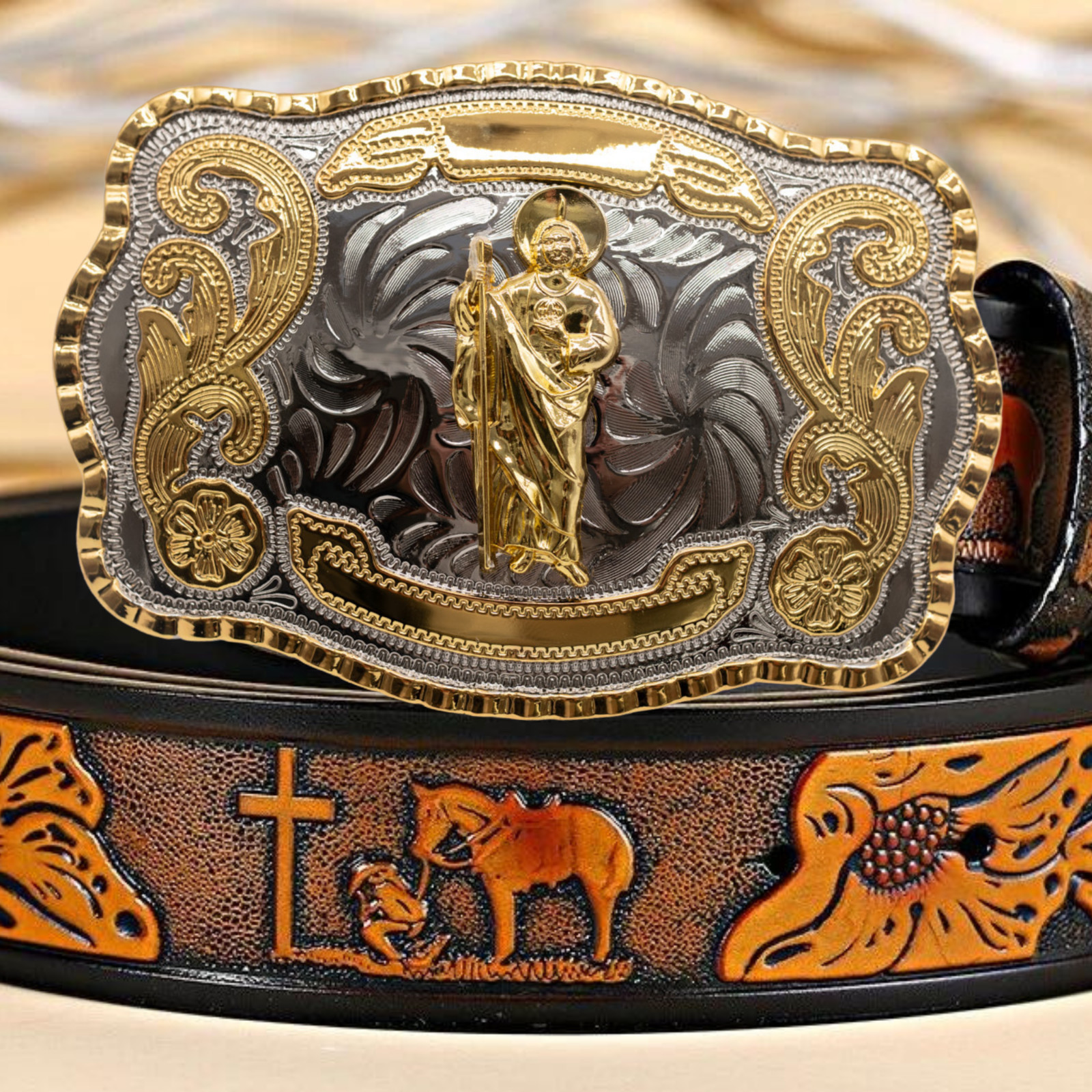 Western Buckle St.Jude San Judas Gold Silver Cowboy Buckle Hebilla Vaquero Rodeo