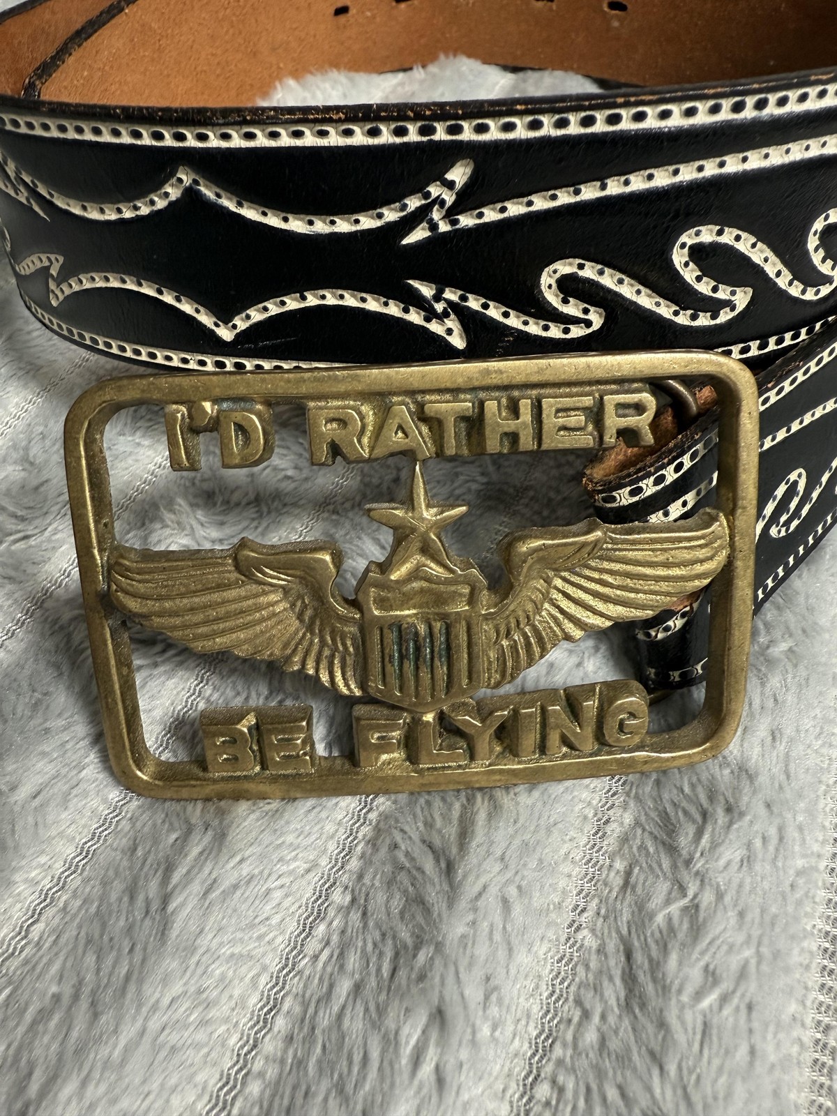 Vtg Solid Brass Id Rather Be Flying Belt Buckle & Leather Belt Pilot Aviation