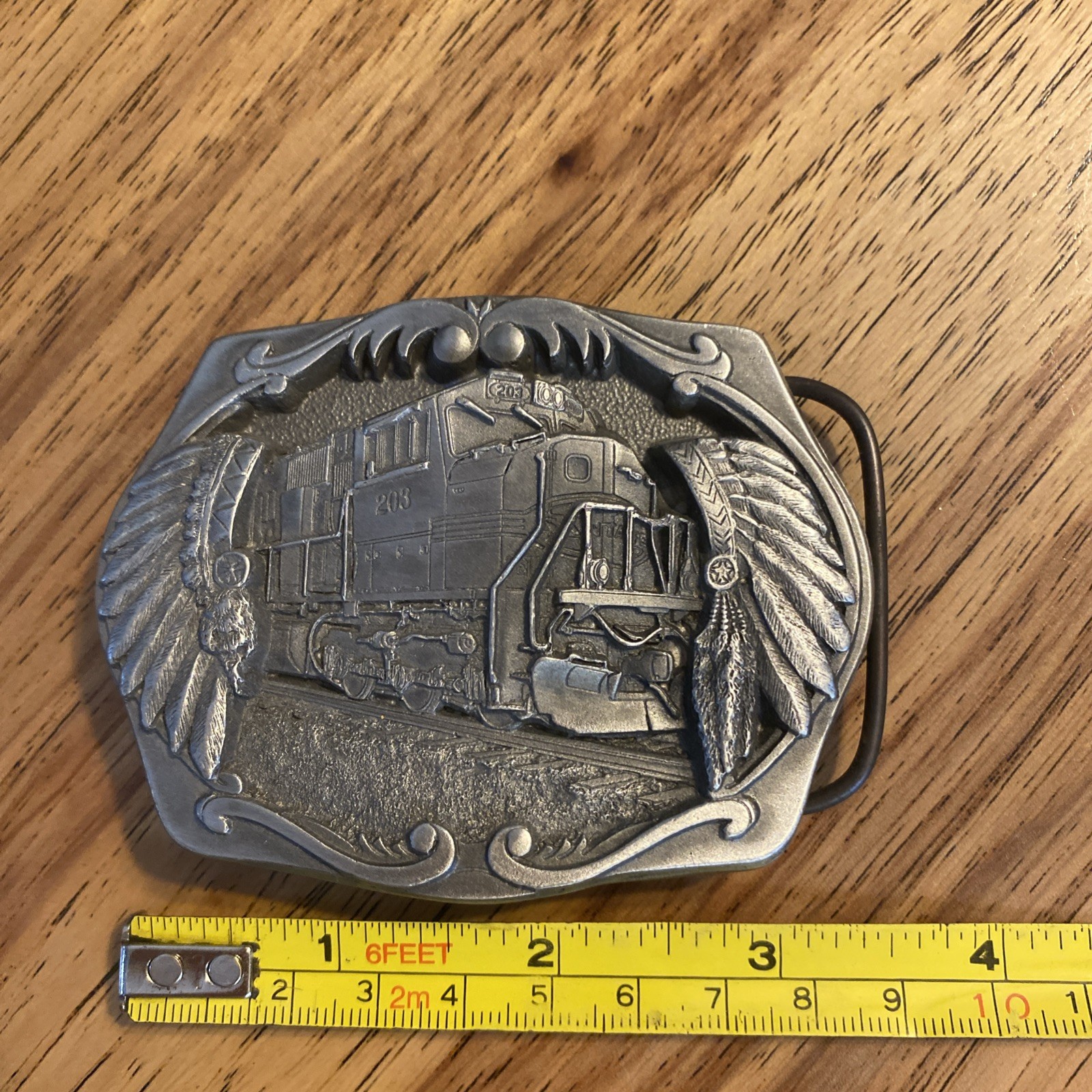 C&J 1996 BELT BUCKLE Train Engine #203 Indian Warrior Headdress, #1691