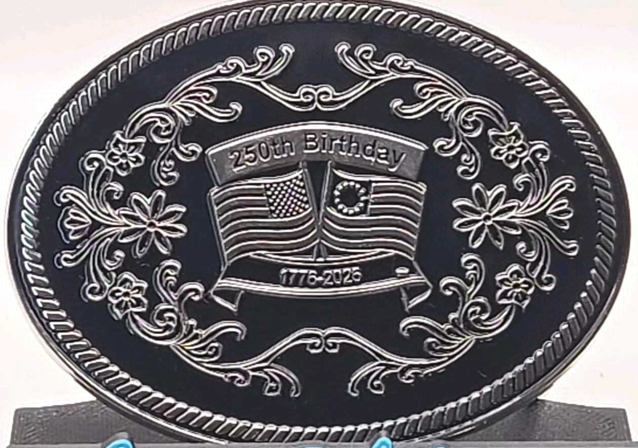 Commemorative USA 250th 1776-2026 Men&rsquo;s Silver Finish Blk Enamel 4×3 Belt Buckle
