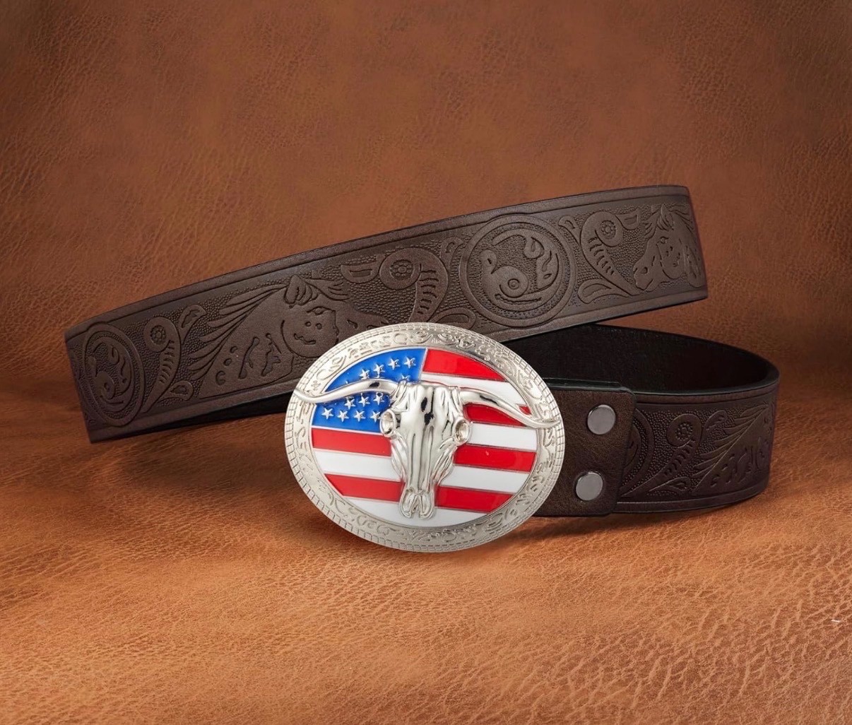 American Flag Longhorn Bull Skull Belt Buckle for Men Women, Vintage Western