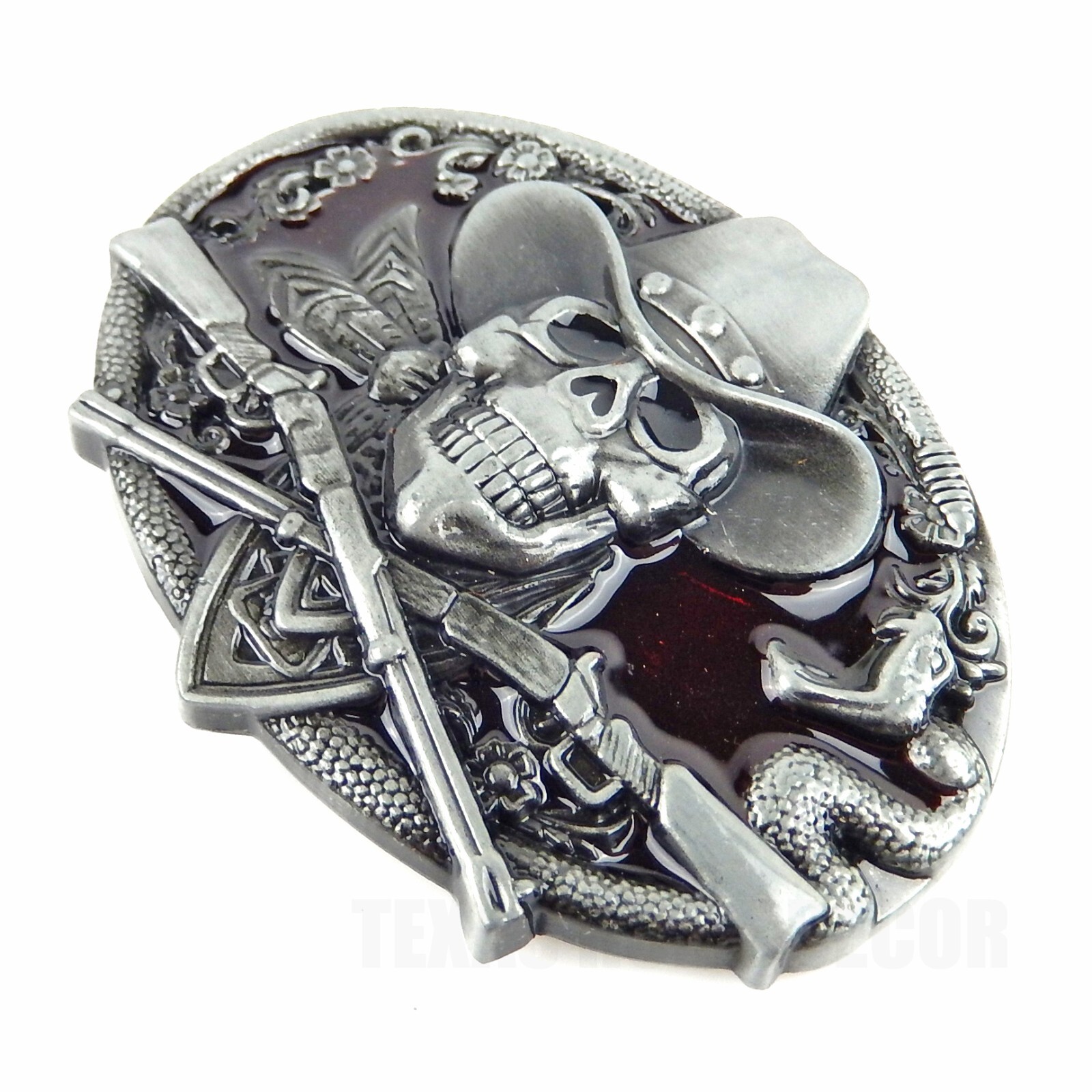 Dead Cowboy Belt Buckle Skull Guns Rattlesnake Red Enamel Inlay Fits 1.5&Prime; Belts