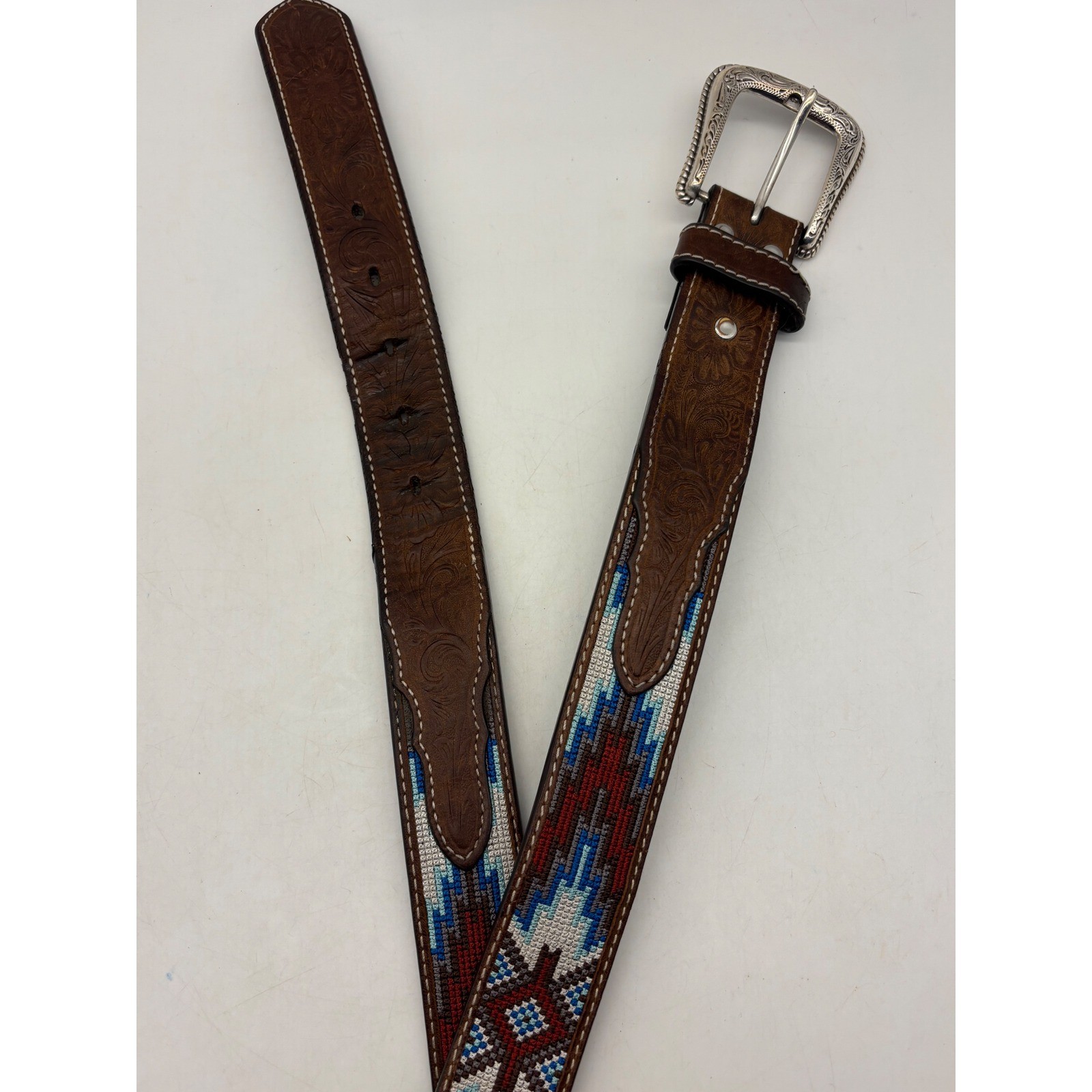 Nocona Western Leather Belt Embroidered Brown Silver Buckle 38