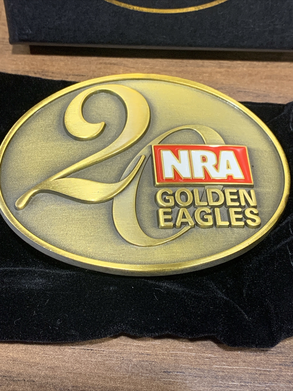 NRA Golden Eagles 20th Anniversary Belt Buckle – Red Logo – Brass