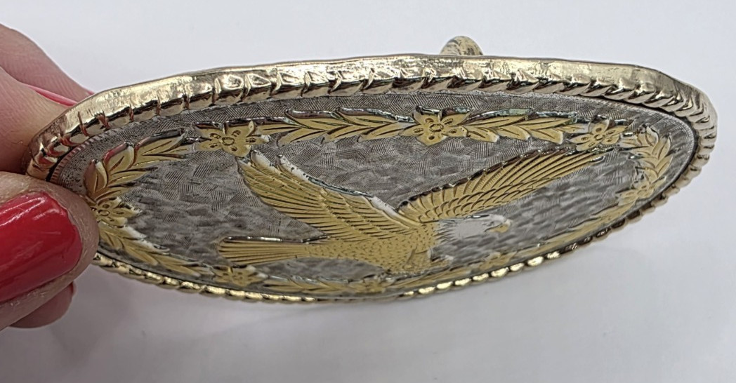 Eagle Belt Buckle Oval Floral Scroll Silver Gold Tone Textured Roped Edges