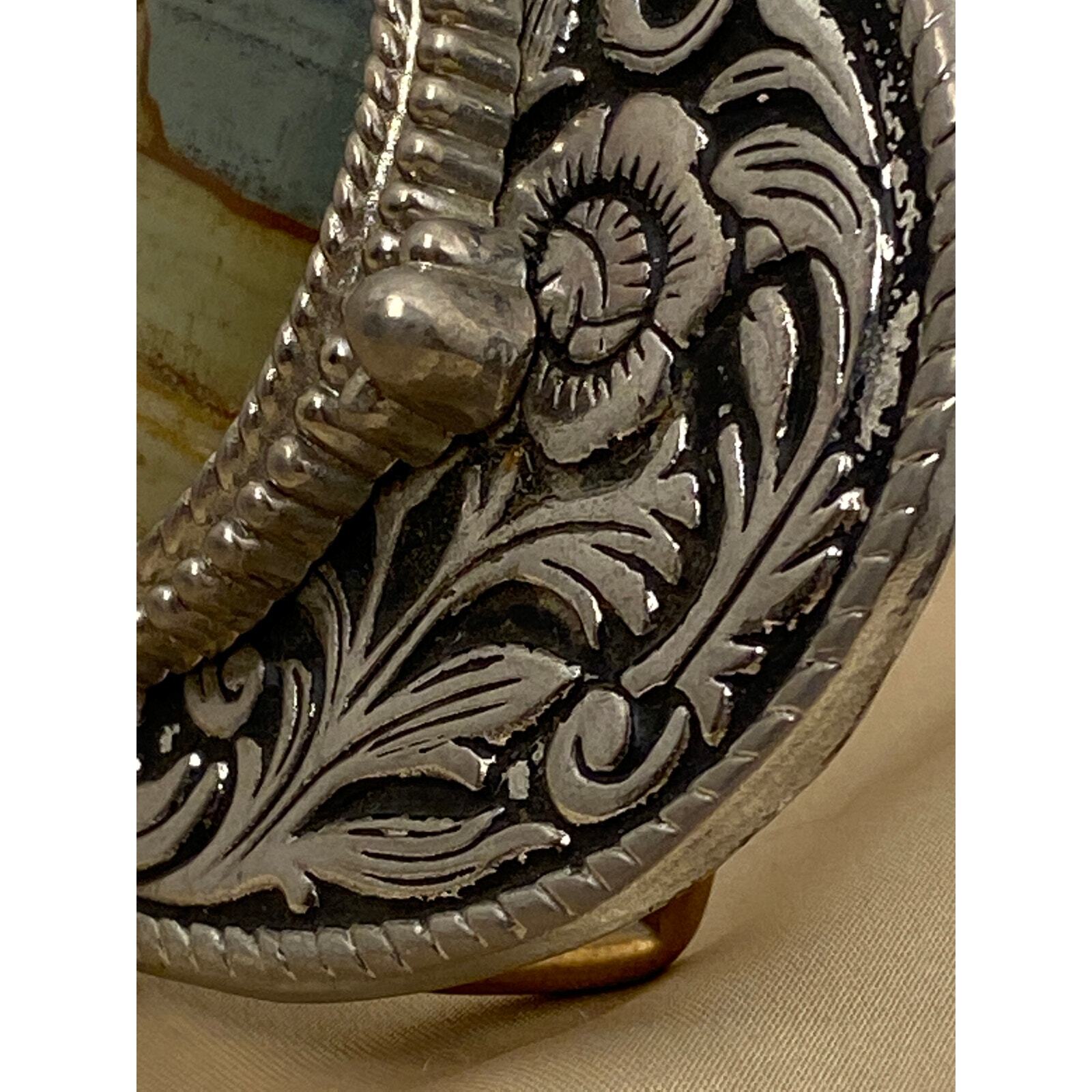 Vintage Silver Belt Buckle with Blue/Brown Natural Stone. Floral/Leaf Design