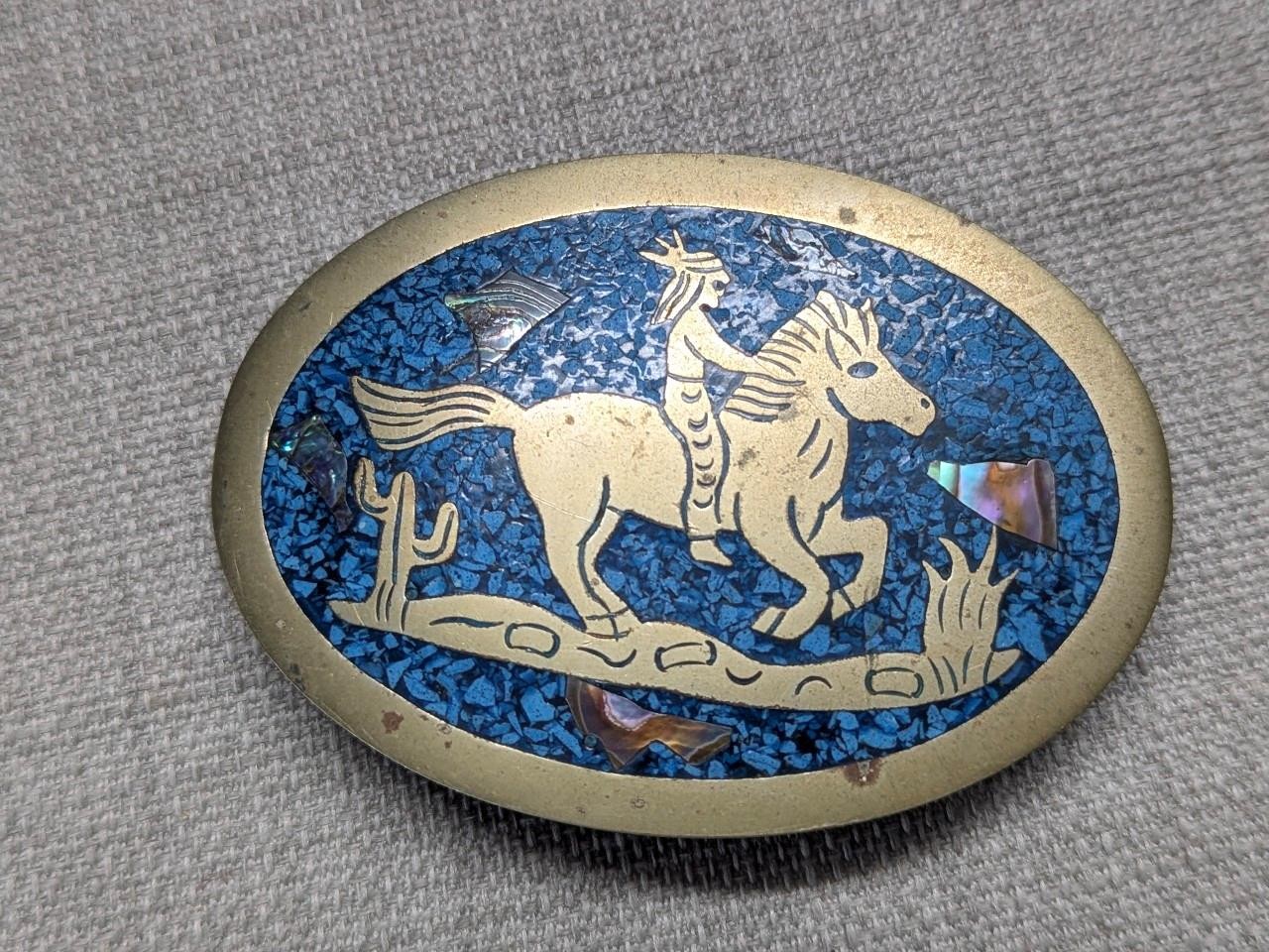 vintage HANDCRAFTED belt buckle NATIVE AMERICAN indian horse TURQUOISE western