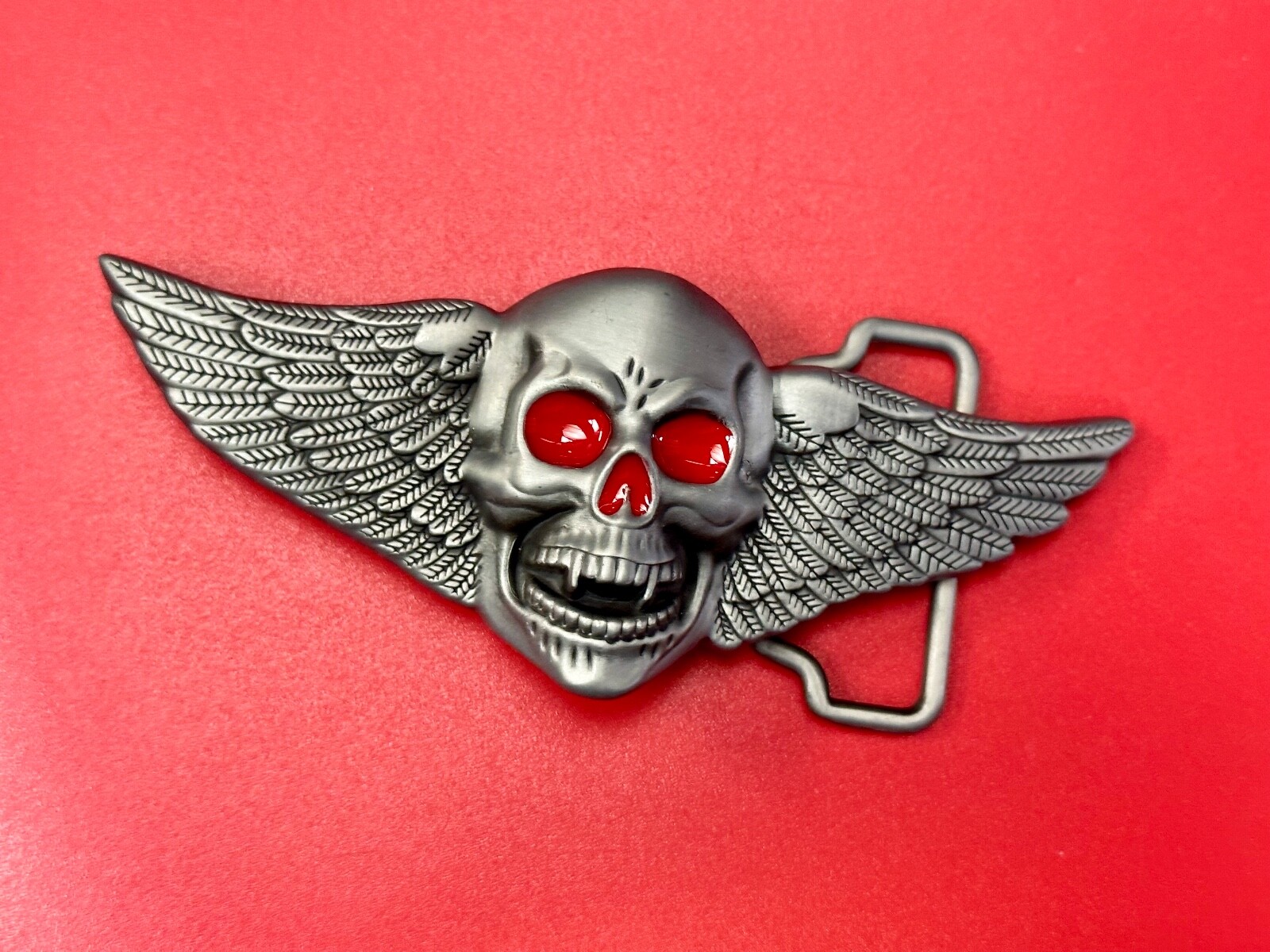 Skull With Fangs And Bright Red Eyes Cutout Large Wide Belt Buckle