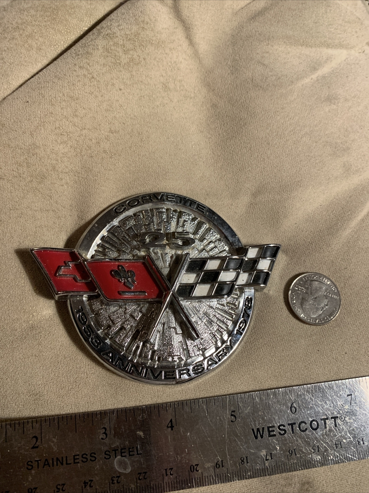 Used Vintage Chevrolet Corvette 25th Anniversary Metal Round Belt Buckle Pewter