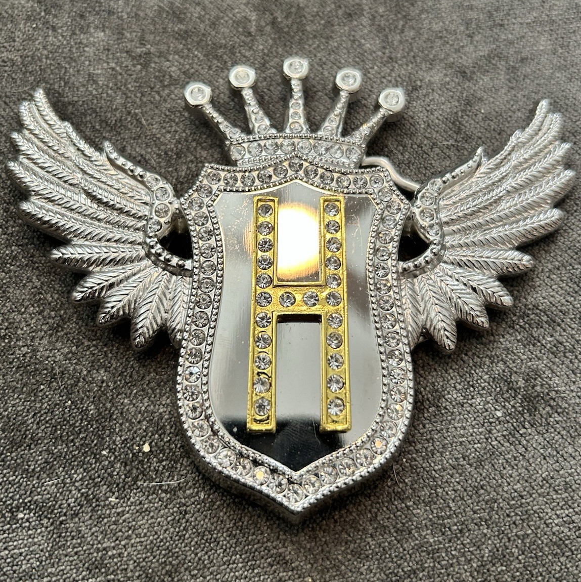 Winged Crown Initial H Rhinestone Belt Buckle, Silver/Gold, 1.5in