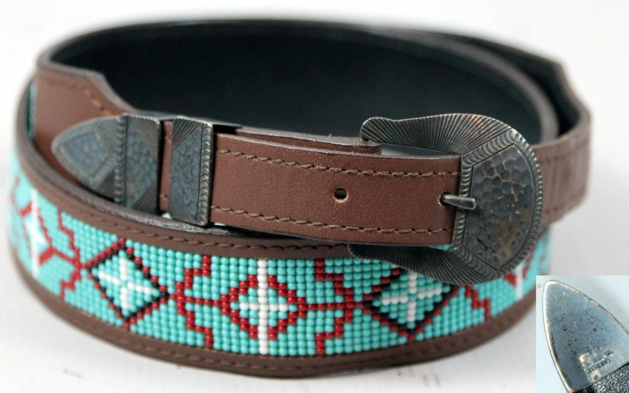 UNCLE SAM W Sterling Silver Buckle Navajo Native Turquoise Beaded Leather BELT