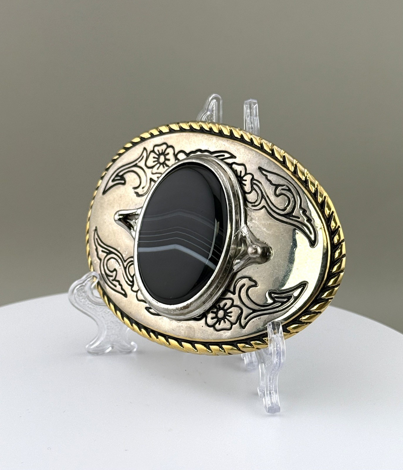 Black Banded Agate Western Belt Buckle Gold Rope Trim Floral Scroll