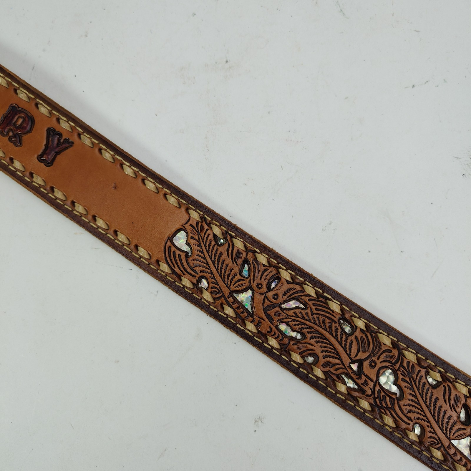 Vintage Tooled Western Leather Name Belt Gary GWB Mother of Pearl Inlay Size 38&Prime;