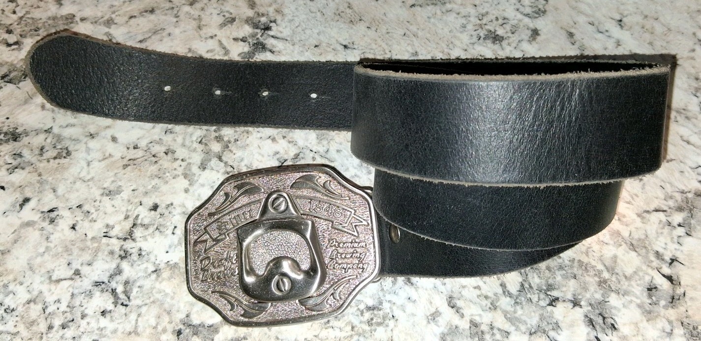 Bottle Opener Metal Belt Buckle On Leather Belt Premium Brewing 37.5&Prime; – 43&Prime;
