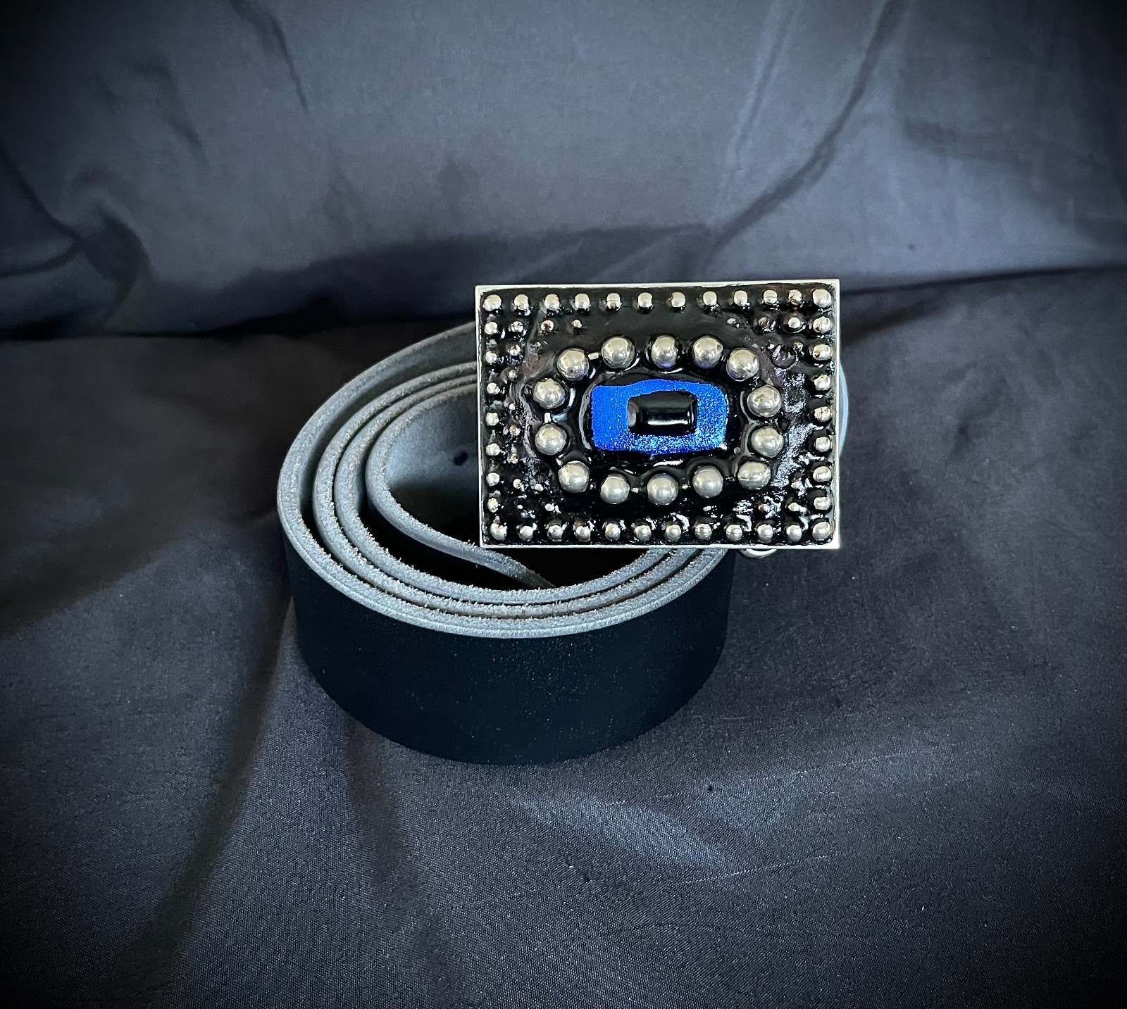 Belt Buckle Industrial Brutalist Blue Stone Beaded Texture OOAK Darren McNeese