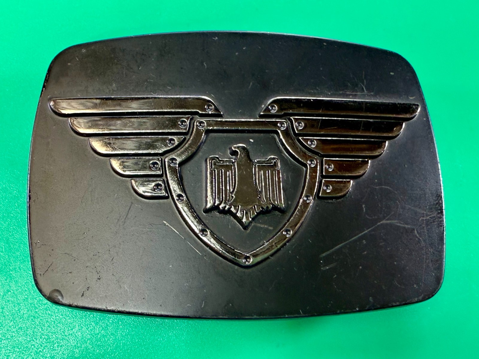 Thunderbird Shield Wings Crest Logo 90&rsquo;s Black Belt Buckle Chrome Brand #6172