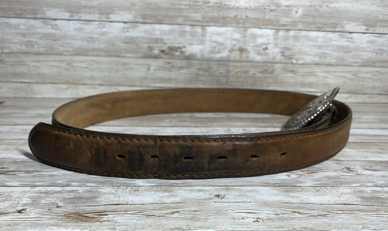 Justin Belt Mens Brown Leather Silver Tone Buckle Floral Scroll Western Cowboy