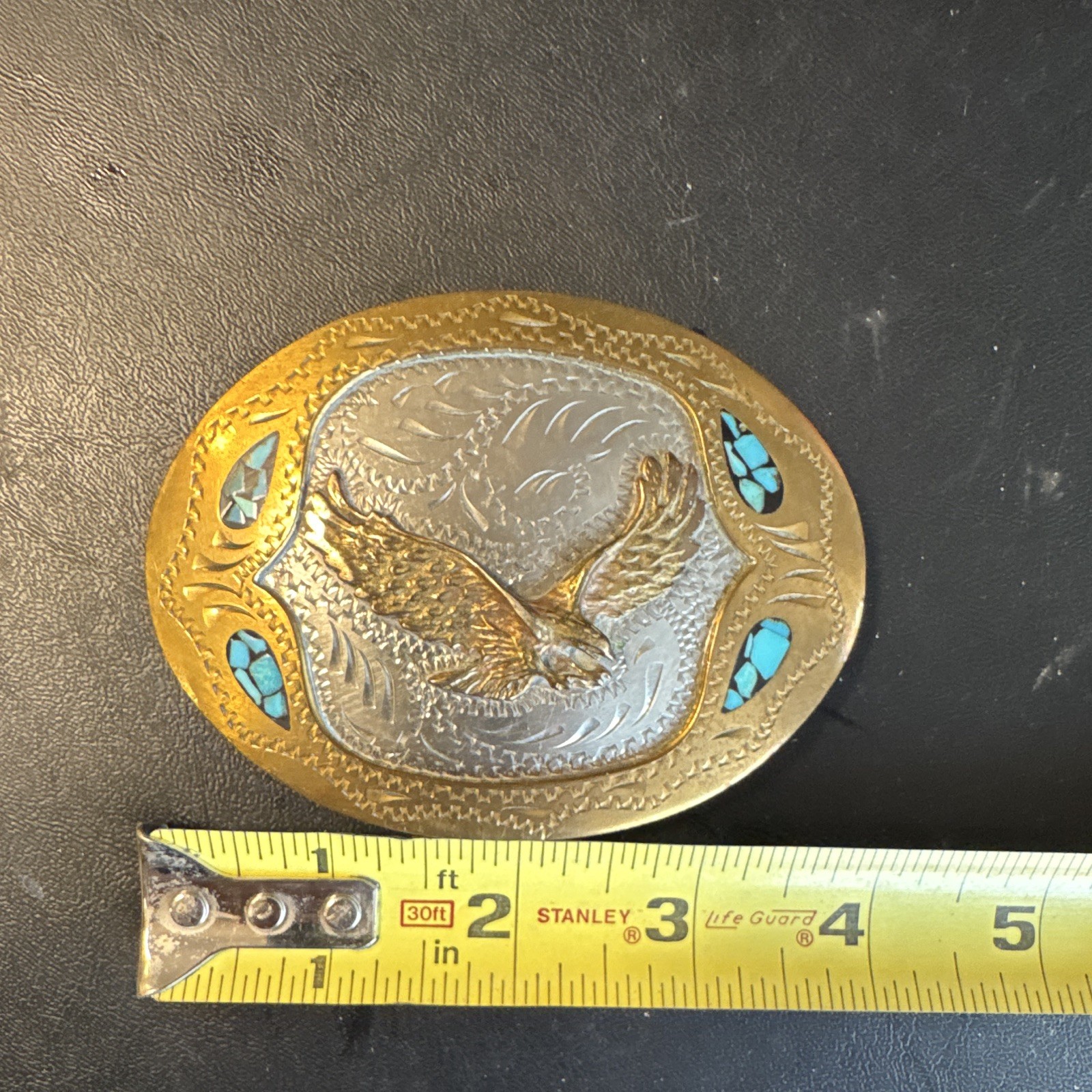 Western Eagle Oval Belt Buckle Gold/Silver Tone Turquoise Accents