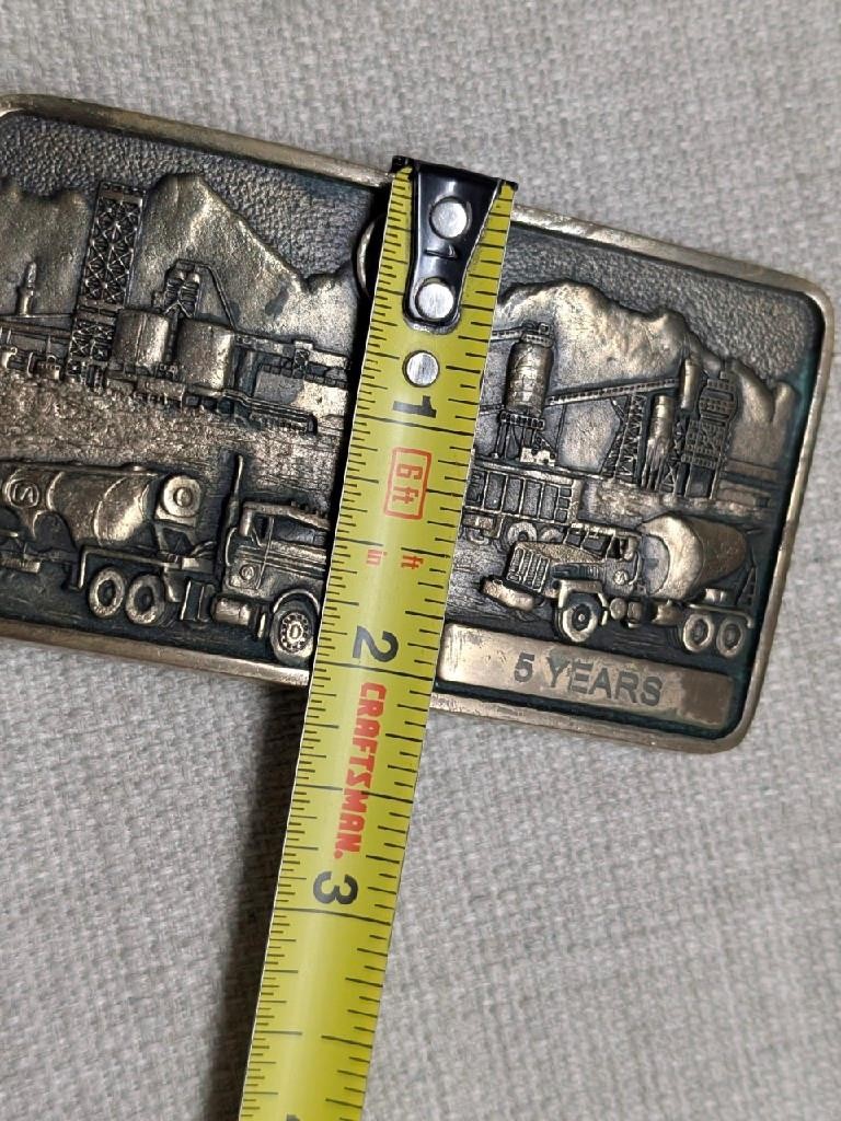 vintage CA belt buckle OIL REFINERY drilling rig SOLID BRASS western 1981