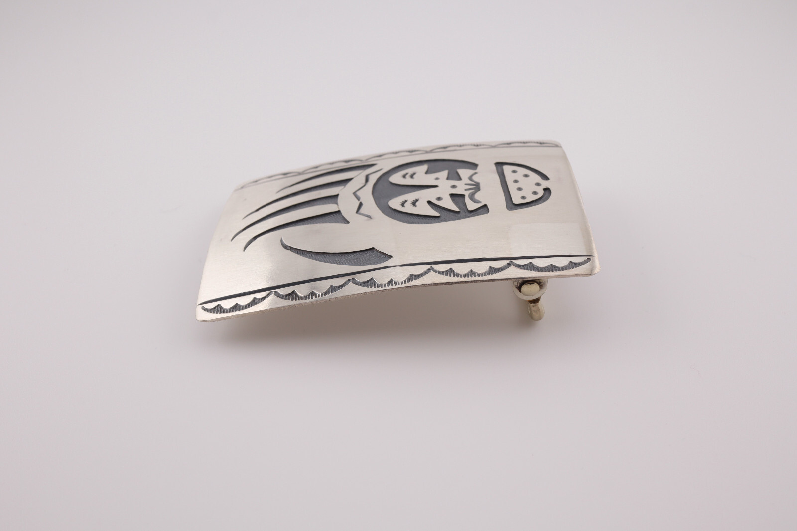 Handcrafted Navajo Belt Buckle Sterling Silver Bear Paw Overlay Design Signed