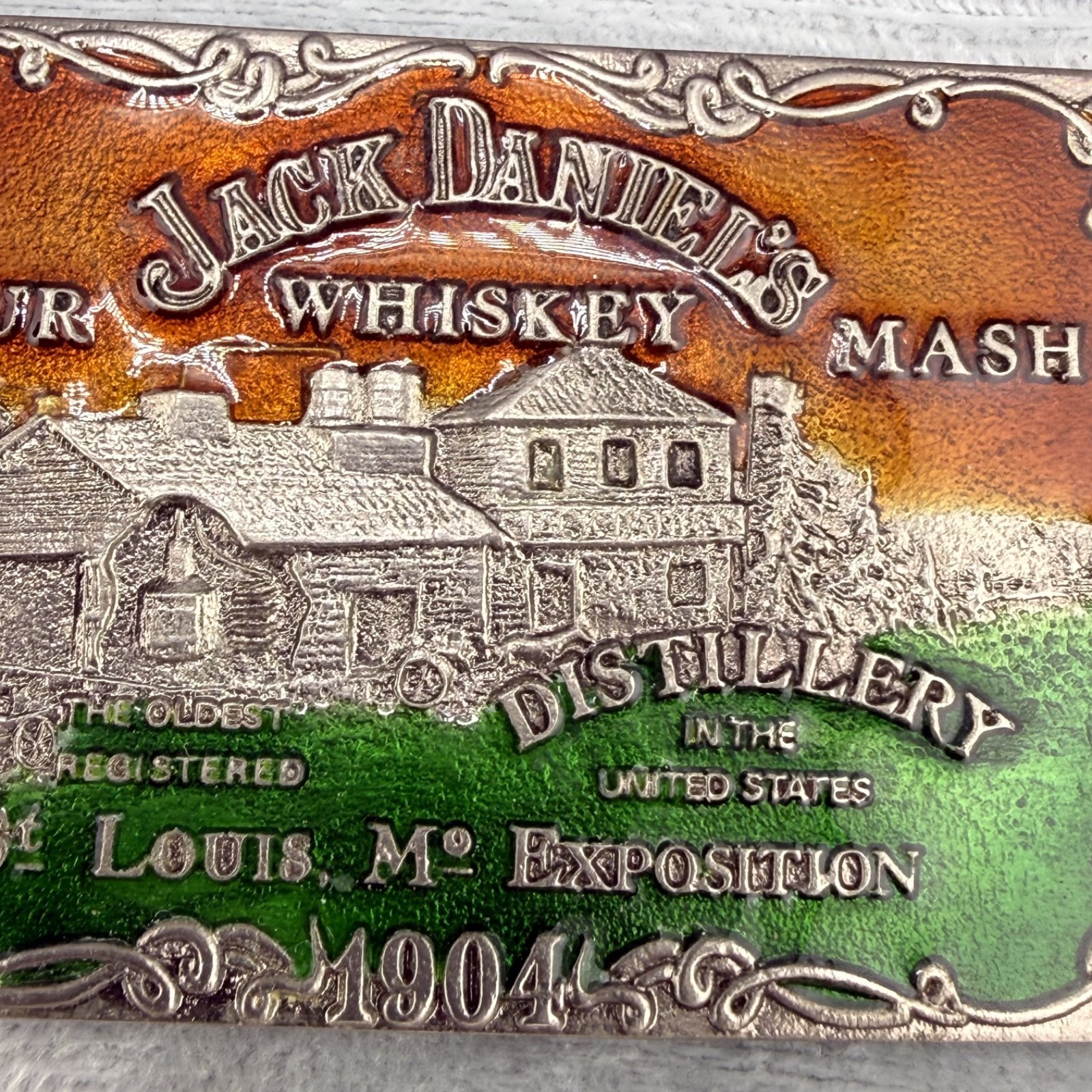 Vintage Belt Buckle Jack Daniel’s Whiskey Enamel Silver Tone Worlds Fair