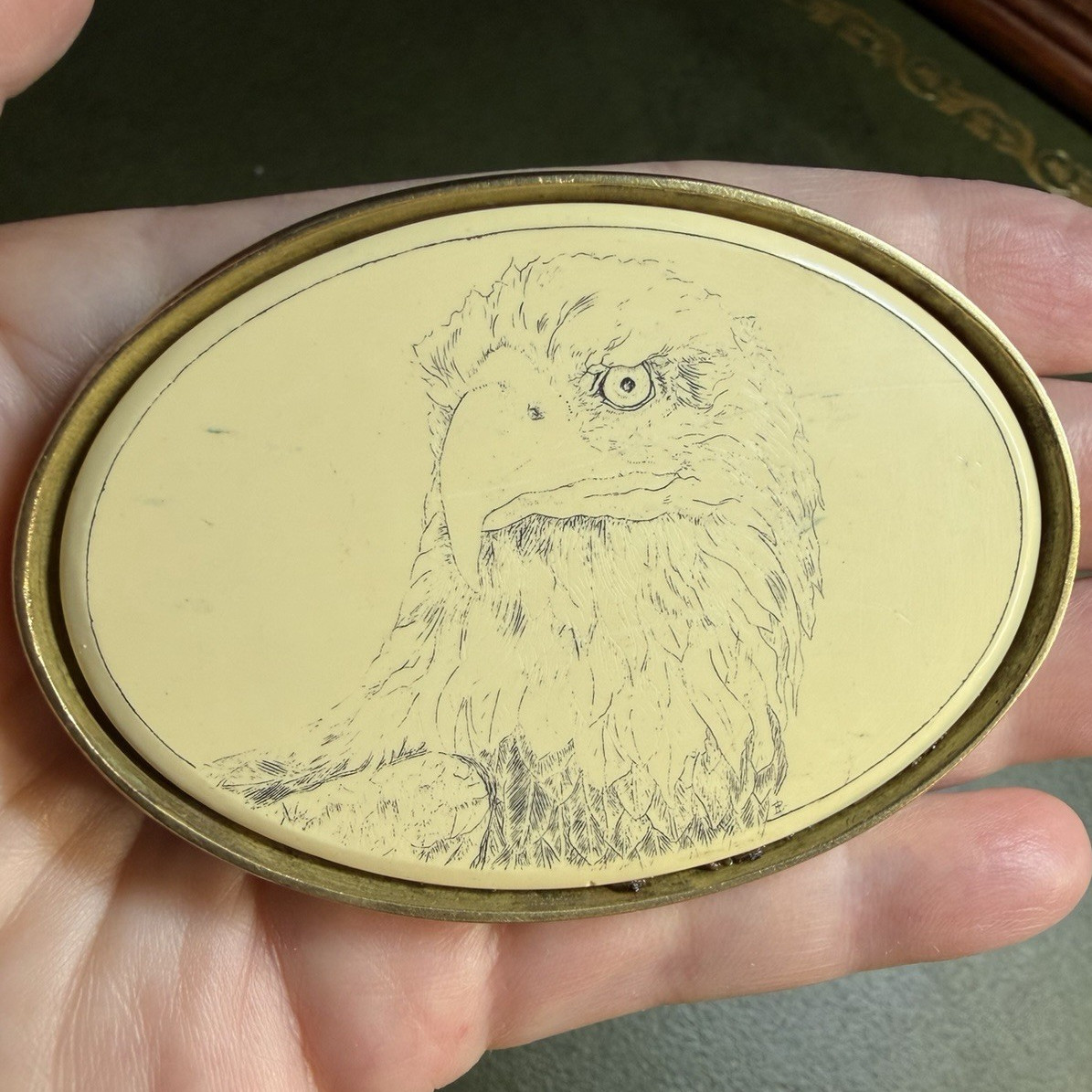 Vintage BARLOW Solid Brass Belt Buckle Bald Eagle Scrimshaw Style Southwestern