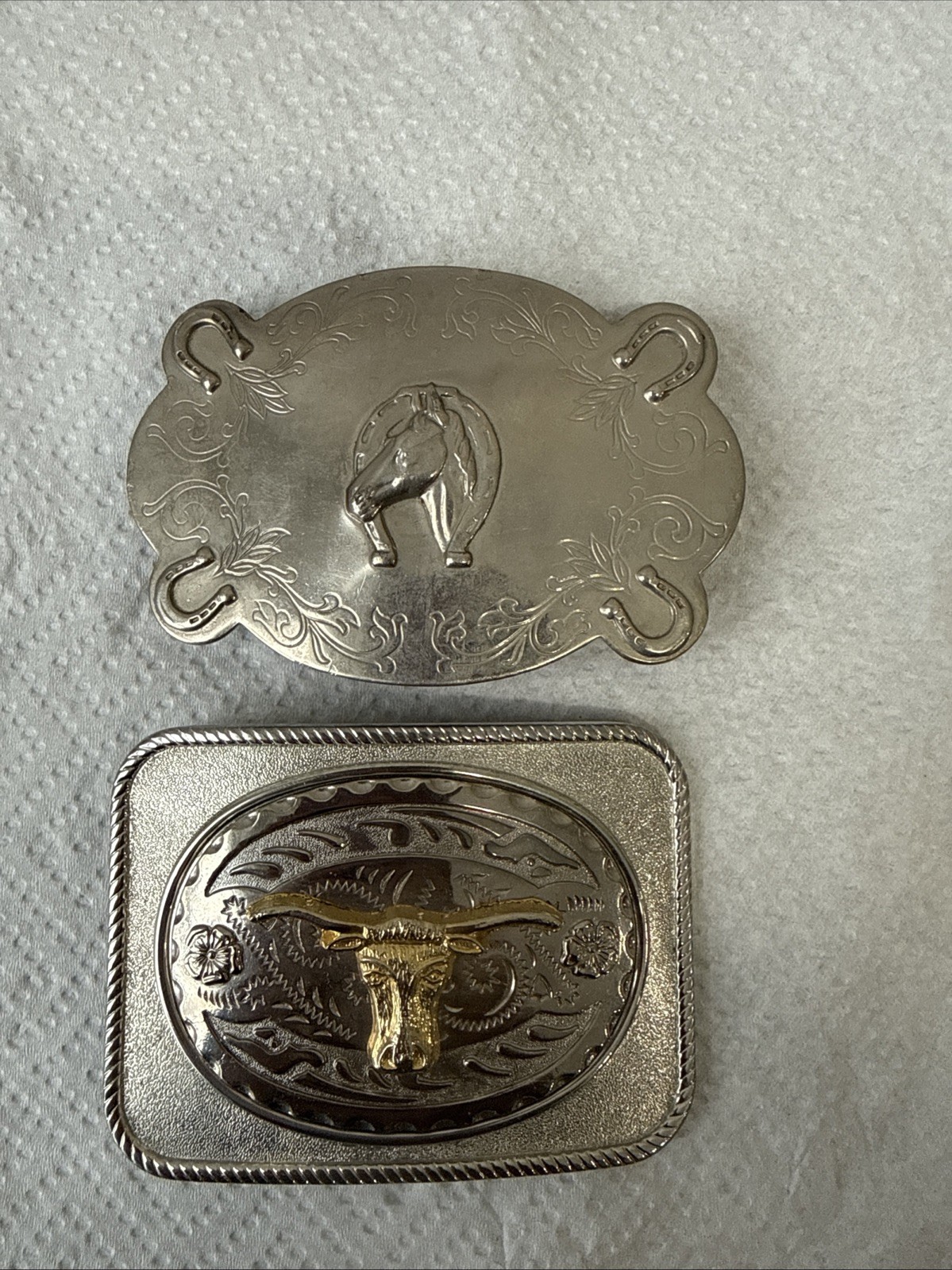 2 Lot Silver Tone Horse, Long Horn, Southwestern Mixed Metal Belt Buckles