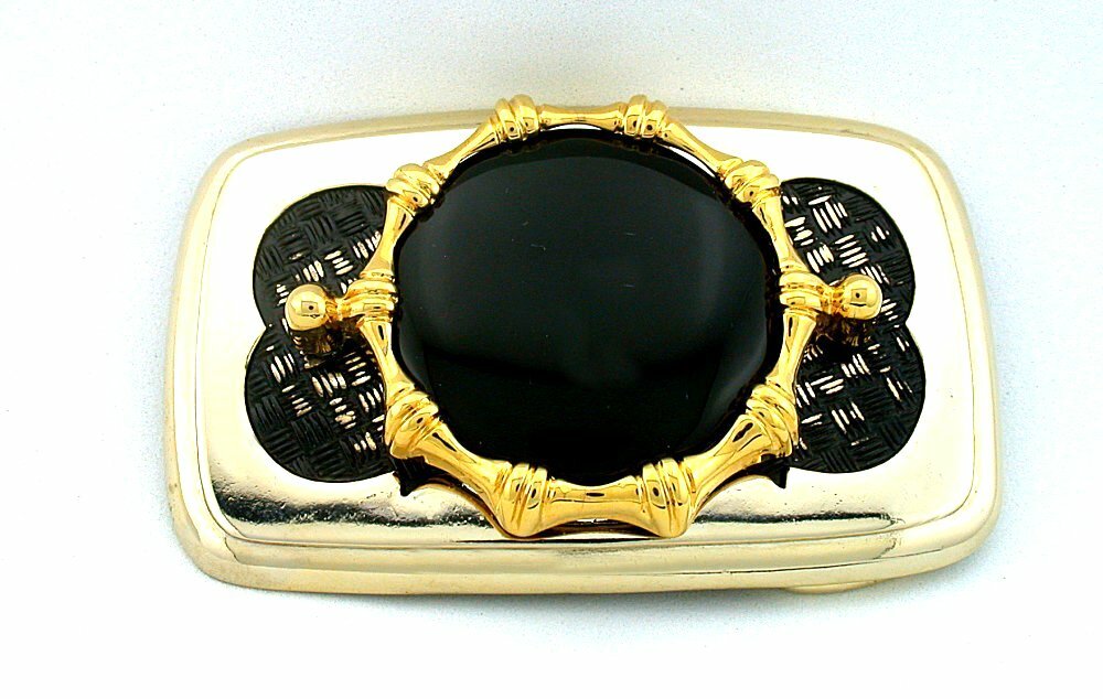Gold Color Round Natural Black Onyx Cabochon Cab Gemstone Gem Belt Buckle EPBB58