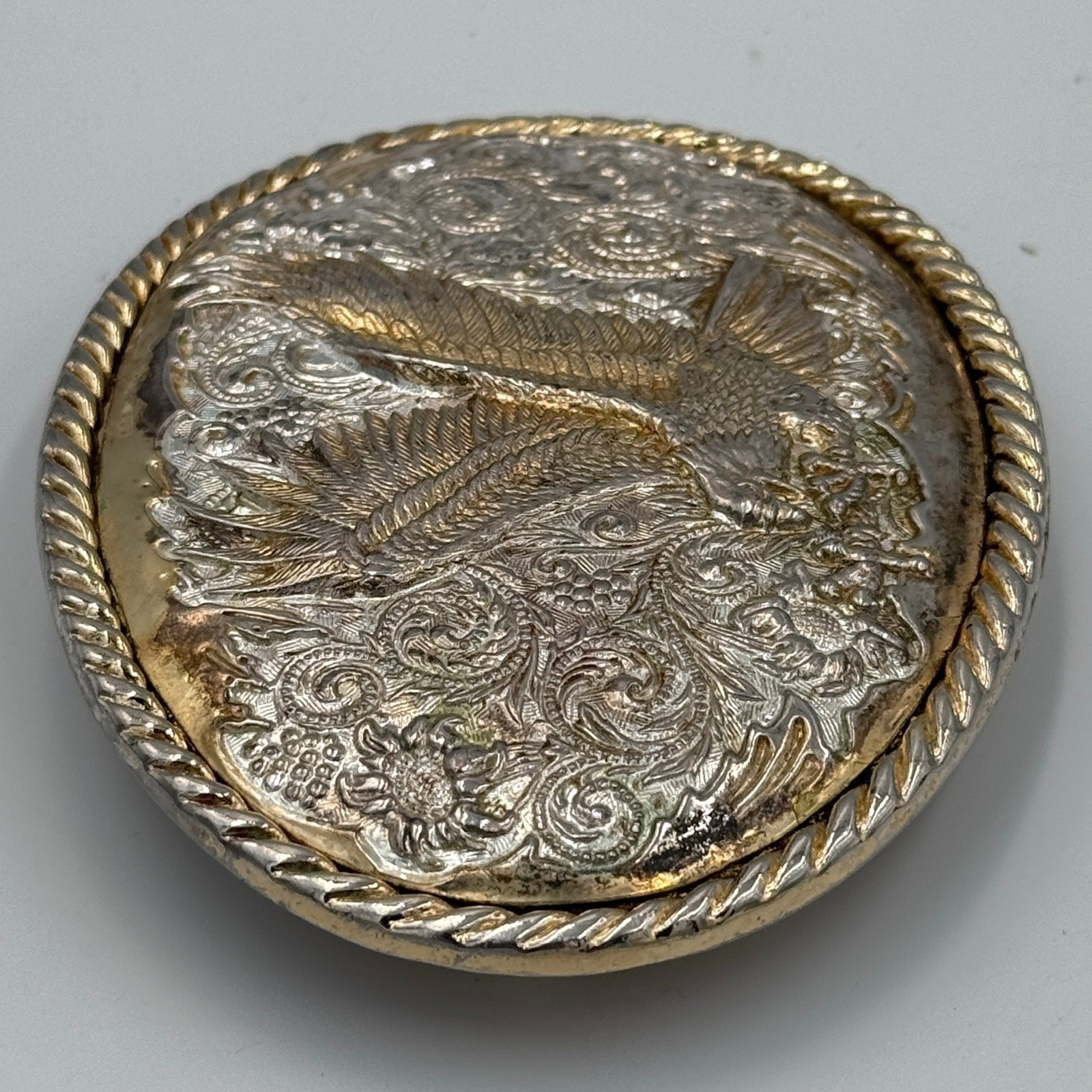 Ivan Western Eagle Belt Buckle Silver Gold Tone Floral Scrollwork Rope Border