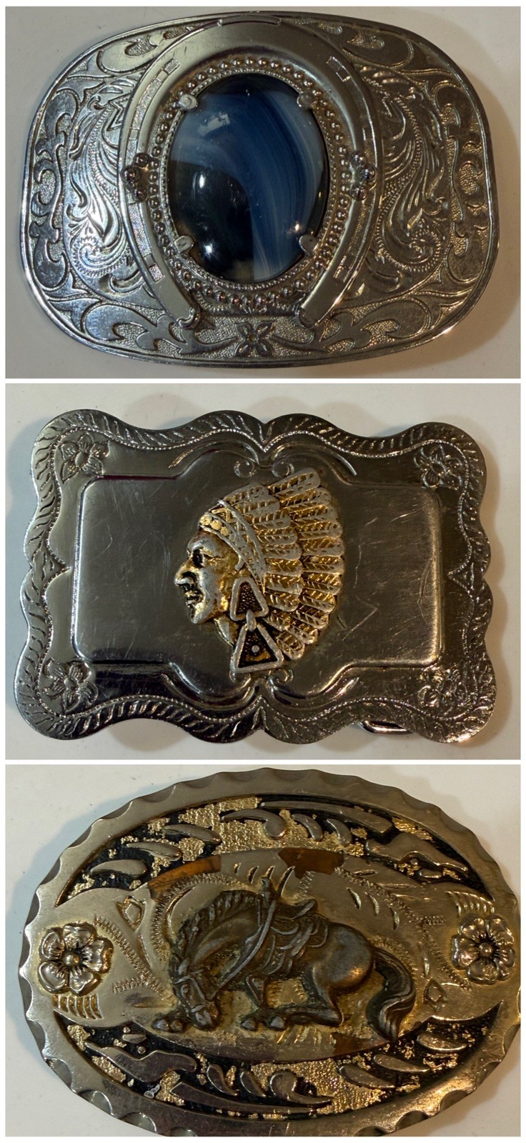 Lot of 3 Vintage Western Belt Buckles Horse, Native American, Blue Stone