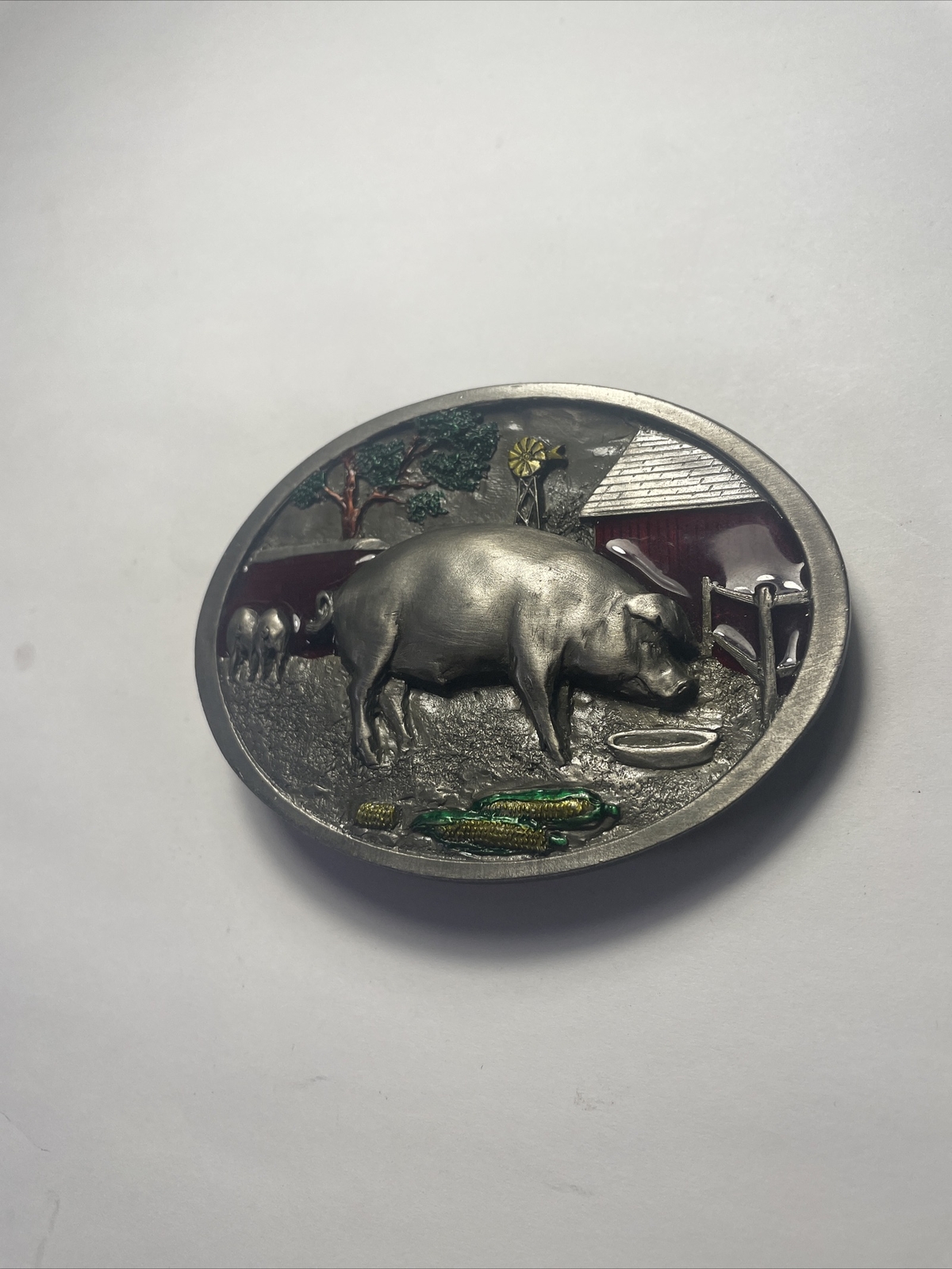 1987 BELT BUCKLE VINTAGE PIG IN PIGPEN C&J INC. MADE IN USA Farmers Farming Hog