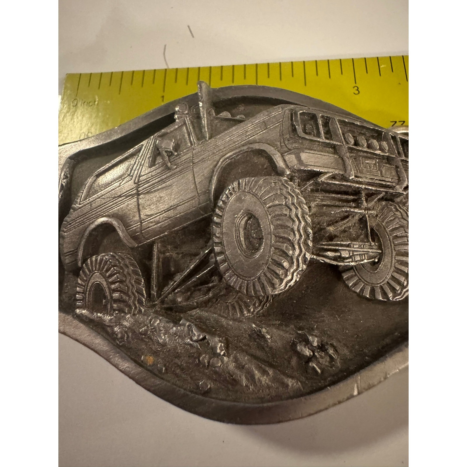 Vintage Monster Truck 4×4 Off Road SUV Belt Buckle Silver Tone 3D Relief 1988
