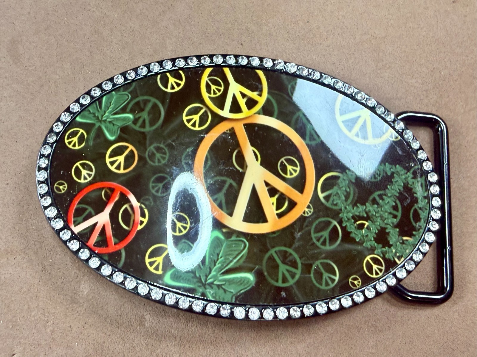 Peace Sign Symbol Four Leaf Clover with Clear Rhinestone Border Belt Buckle