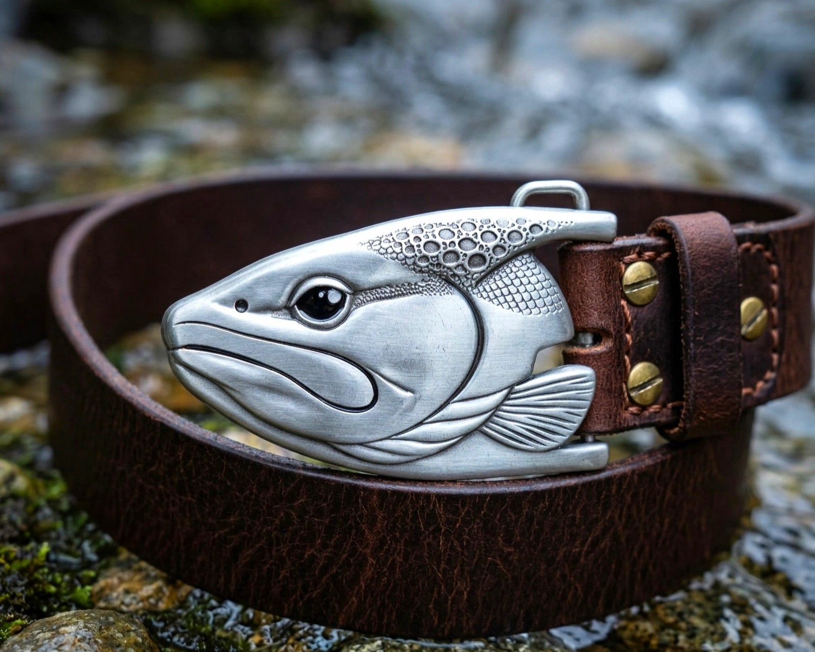 Graywolf Trout‑Head Belt Buckle • Antique Nickel / Silver • 3D Metal Fish Buckle
