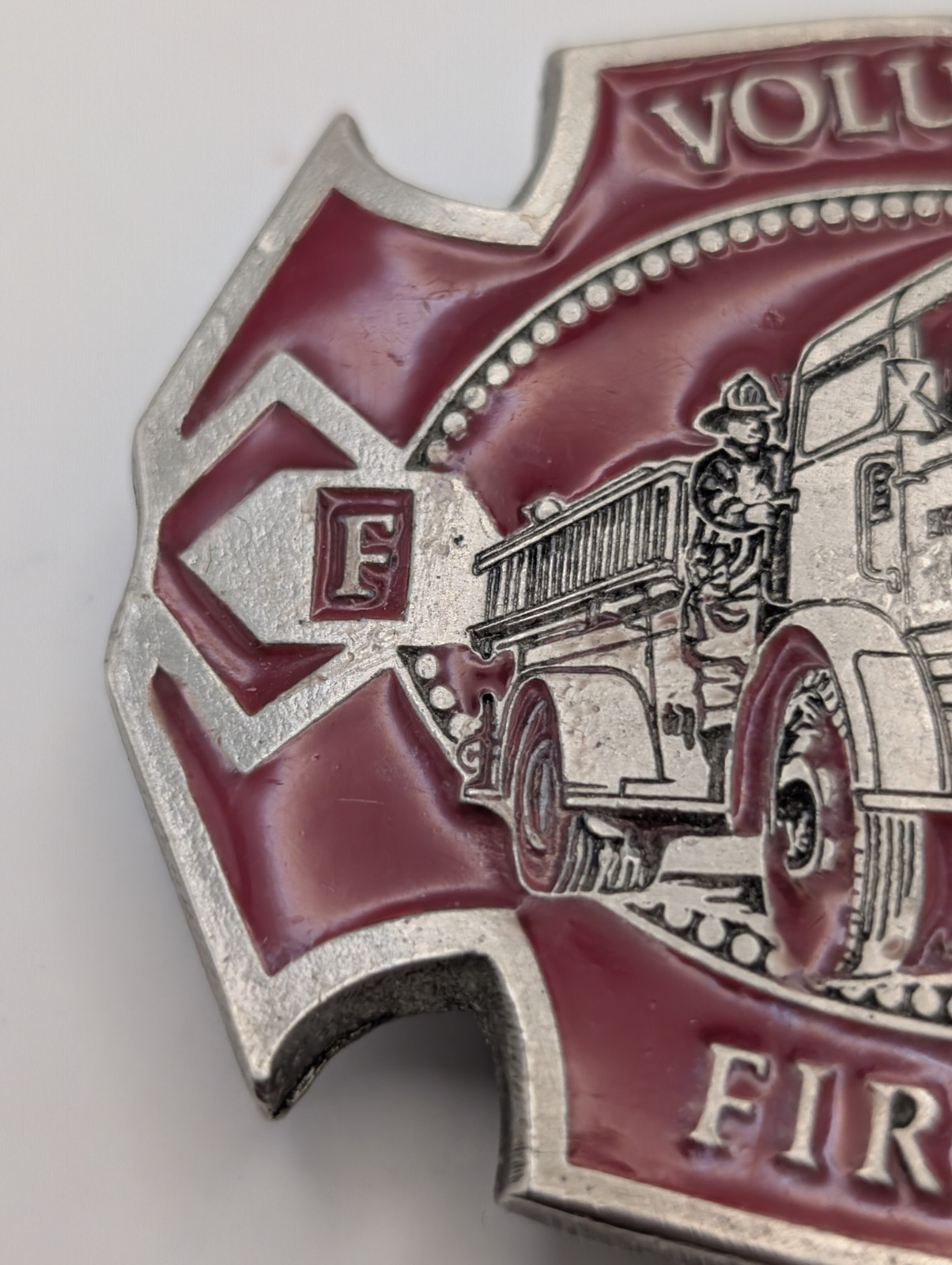 Vintage 1979 Volunteer Fireman Belt Buckle Pewter Red Enamel Engine 17