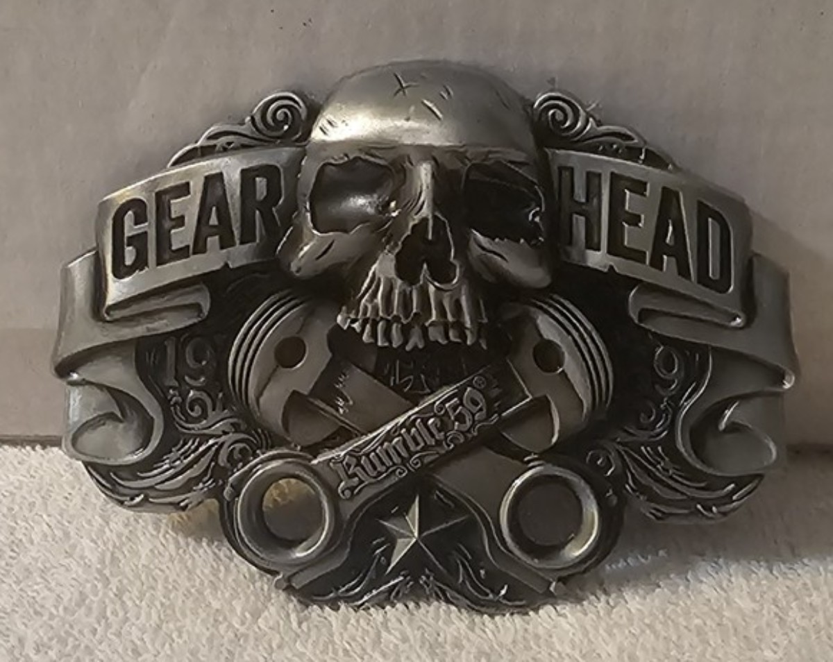 GEAR HEAD SKULL PISTON RUMBLE 59 BIKER BELT BUCKLE
