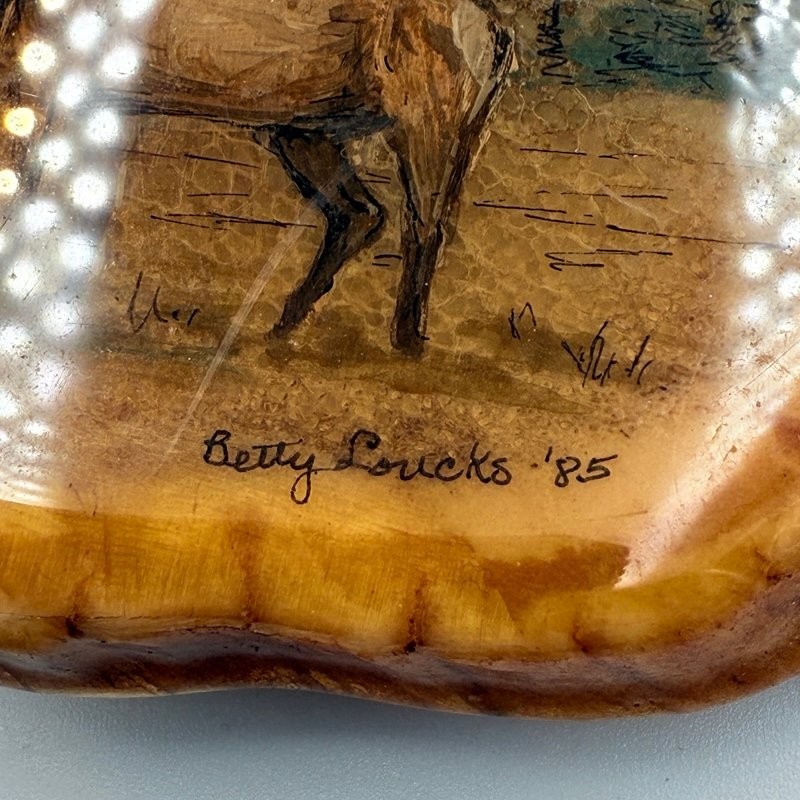 Betty Loucks Belt Buckle Brown Hand Painted Elk Antler Vintage 1985