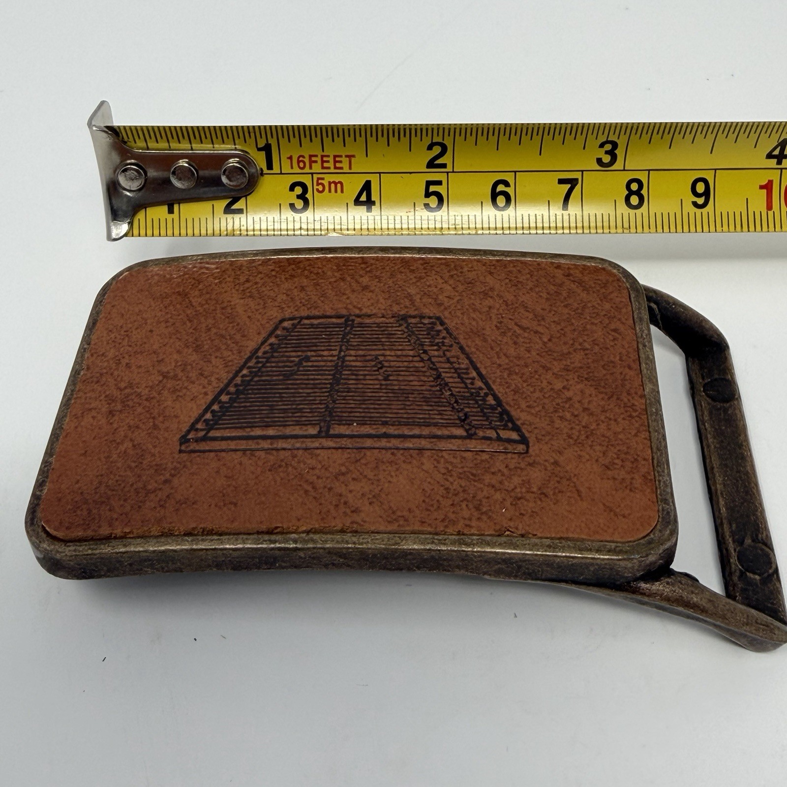 Vintage Tennis Court Belt Buckle Brass Tone Leather Inlay Jim Tait Engraving 70s