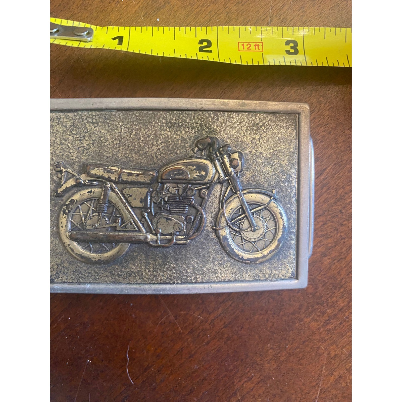 Vintage Motorcycle Belt Buckle Silver Brass Tone Biker Cruiser Retro Rectangle