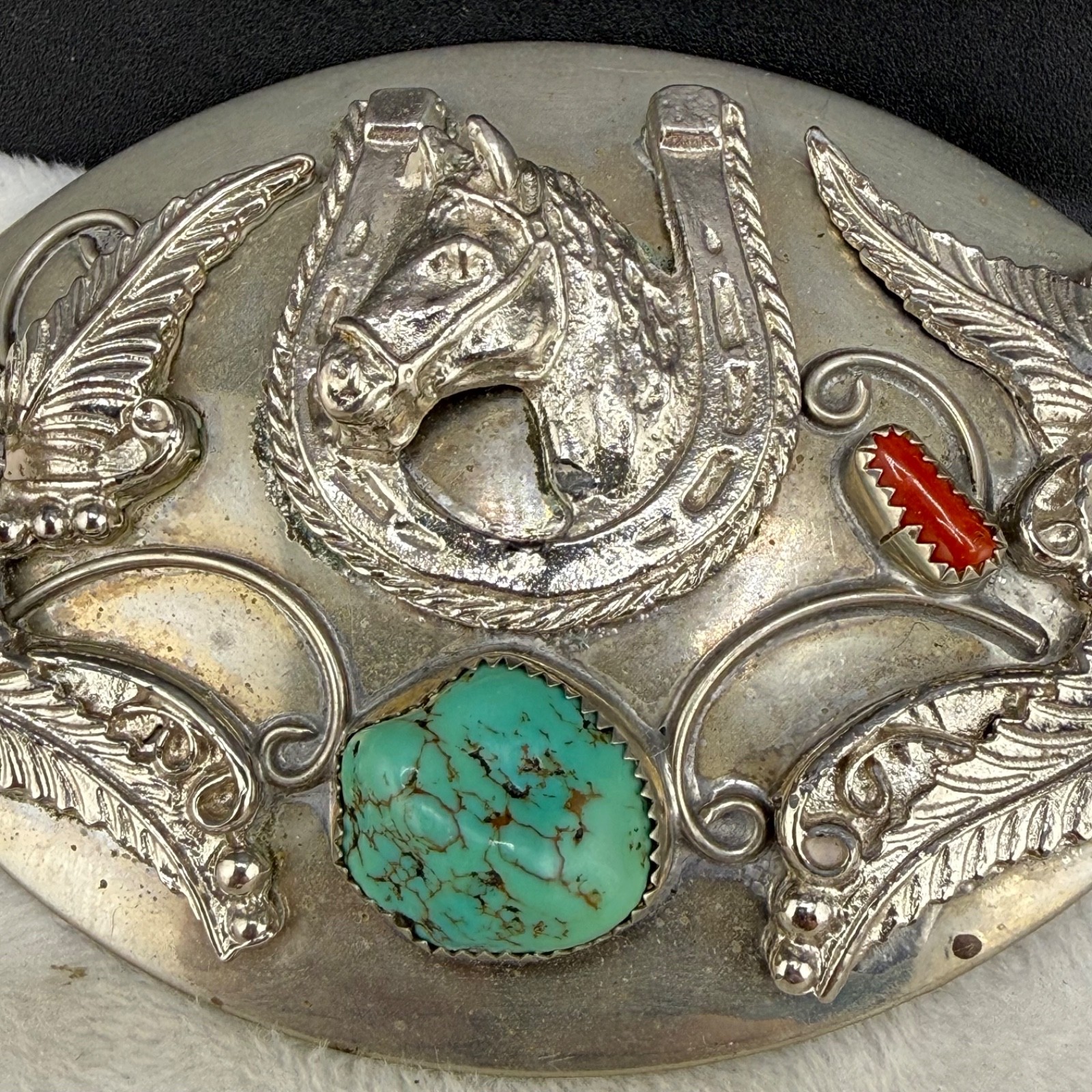 Vintage Western Belt Buckle Equestrian Red Green Polished Stone