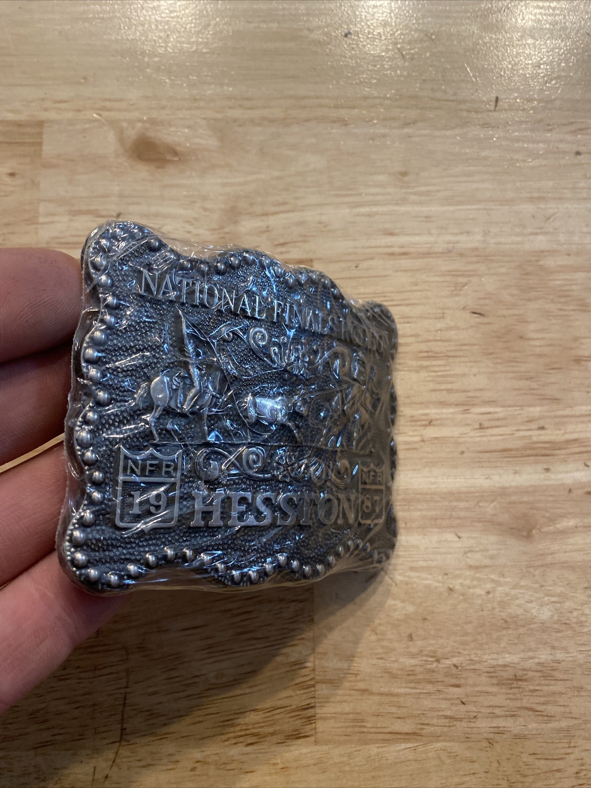 Hesston Vintage Rodeo Belt Buckle 1987 METAL Original Wrap National Finals NFR