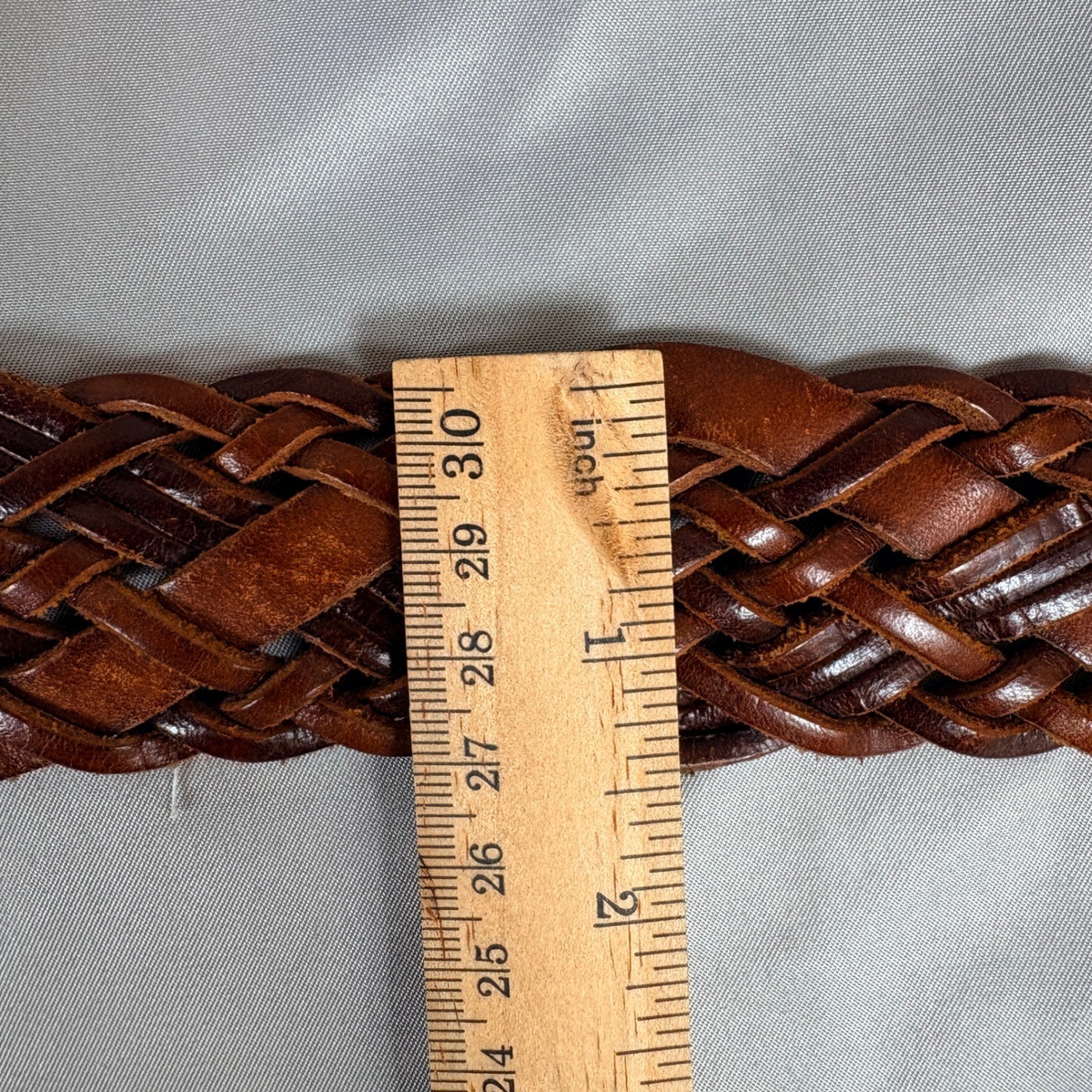 Fossil Braided Leather Belt Brown Woven Brass Buckle Large Boho Western festival