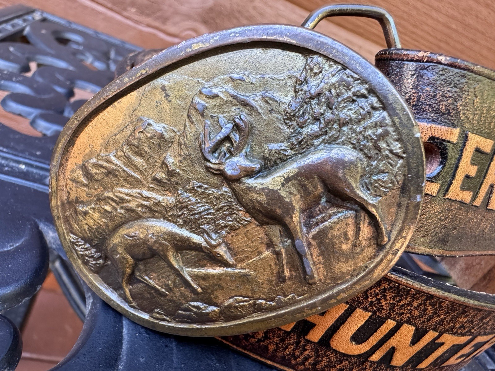 VTG SOLID BRASS INDIANA METAL CRAFT BELT BUCKLE With Tooled Belt Deer Hunters 34