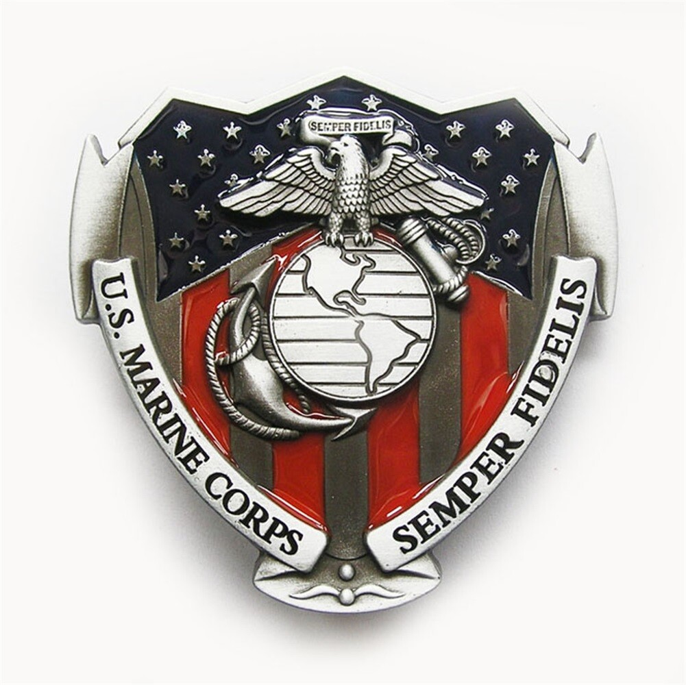 Antique Silver Enamel Vintage American Hero US Marine Corps Belt Buckle