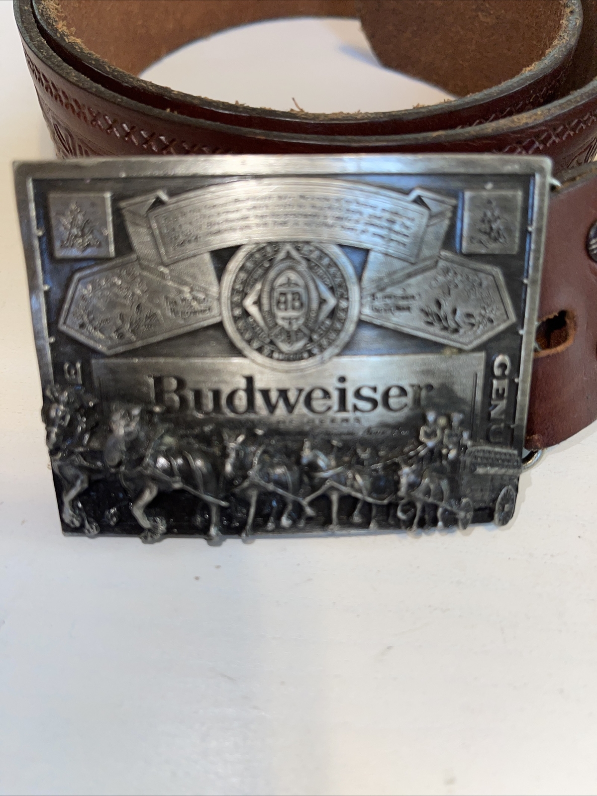 Vintage Budweiser Belt Buckle Clydesdales King of Beers Oil Tanned Leather