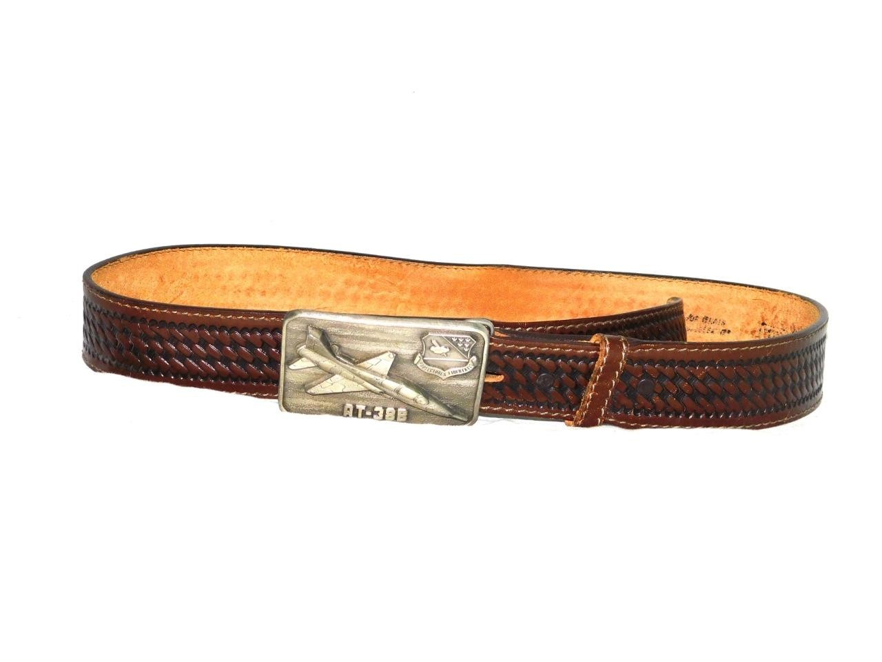 VTG AT-38B Fighter Jet Belt Buckle On Size 38 Brown Woven Leather Belt USAF