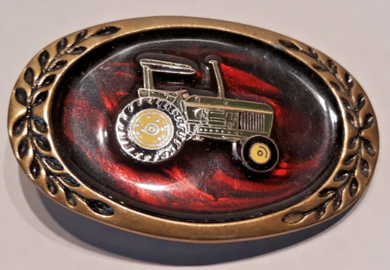 oval belt buckle John Deere red solid brass 3.25&Prime; long Heritage Buckles