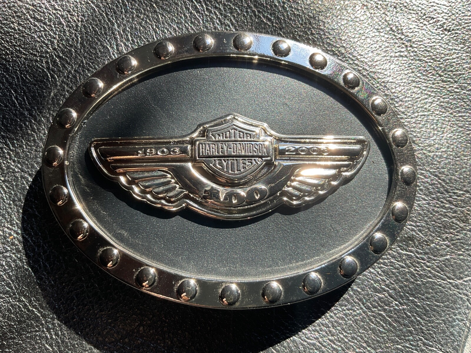 Harley-Davidson 100th Anniversary belt buckle.Bar&Shield w/wings.Chrome plated.