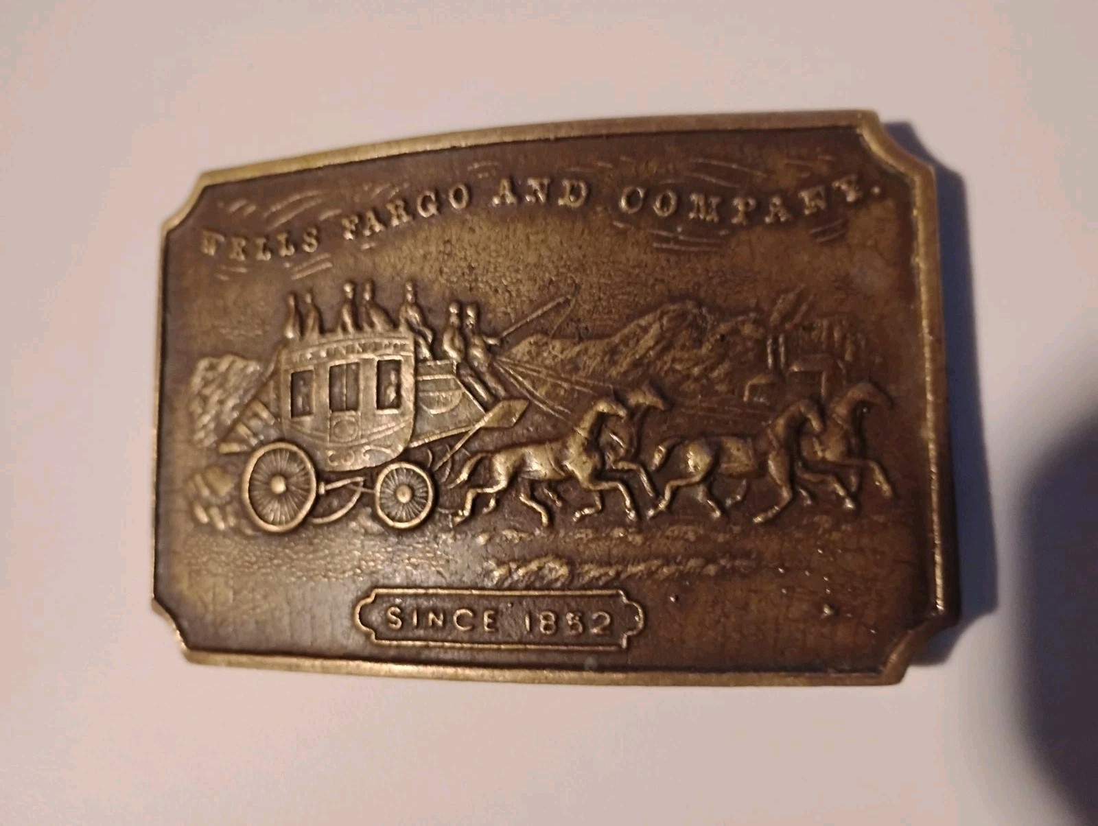 Vintage Wells Fargo and Company 1852 Stage Coach Rectangular Brass Belt Buckle